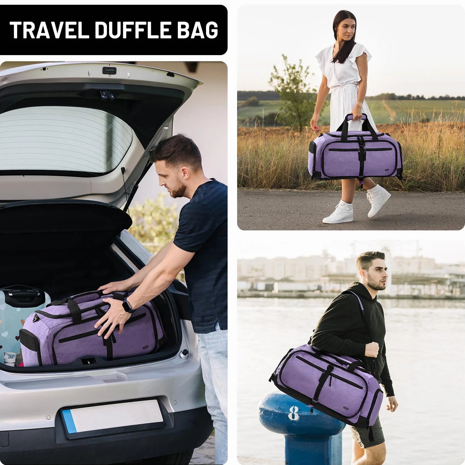 MIER Torba sportowa, damska, podróżna, męska, sportowa torba z kieszenią na buty i kieszenią na mokre buty, 50 l, lekka, składana torba treningowa, wodoszczelna torba do pływania, na podróż, do