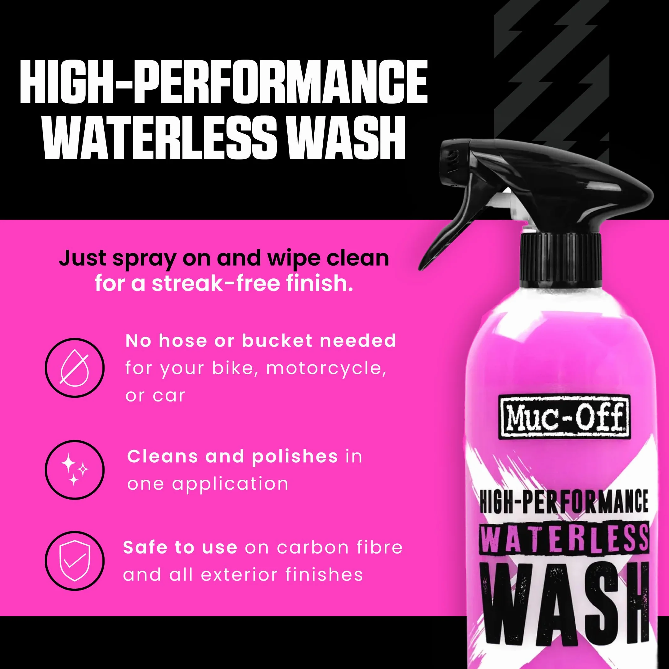 Muc-Off Waterless Wash, 750ml – Spray do Roweru do Mycia i Odtłuszczania bez Spłukiwania – Dwufunkcyjny Polerujący Płyn do Mycia Roweru i Motocykla