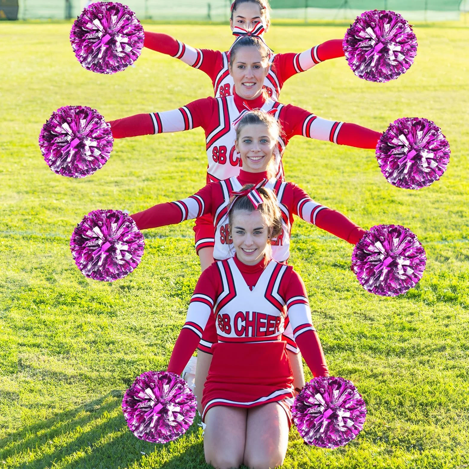 JRYGAC 2 pompony cheerleaderek, pompony cheerleaderek, metaliczne pompony cheerleaderek, pompony do cheerleaderek, akcesoria do cheerleaderek, pompony do cheerleaderek (różowo-czerwone, srebrne)