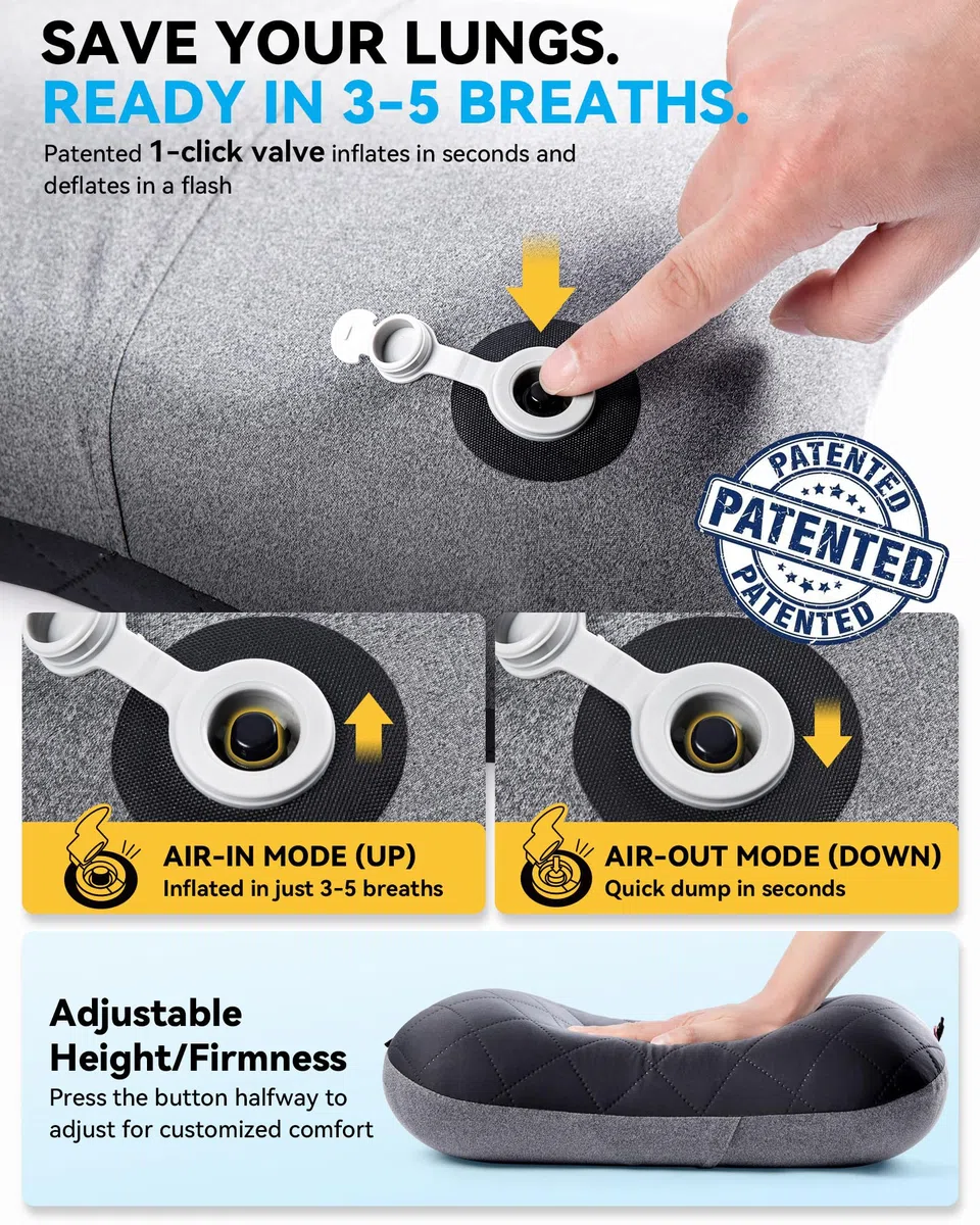 HIKENTURE nadmuchiwana poduszka kempingowa/podróżna ze zdejmowaną poszewką na poduszkę, ergonomiczna poduszka pod głowę, wygodna poduszka na kark do podróży / na zewnątrz (czarna)