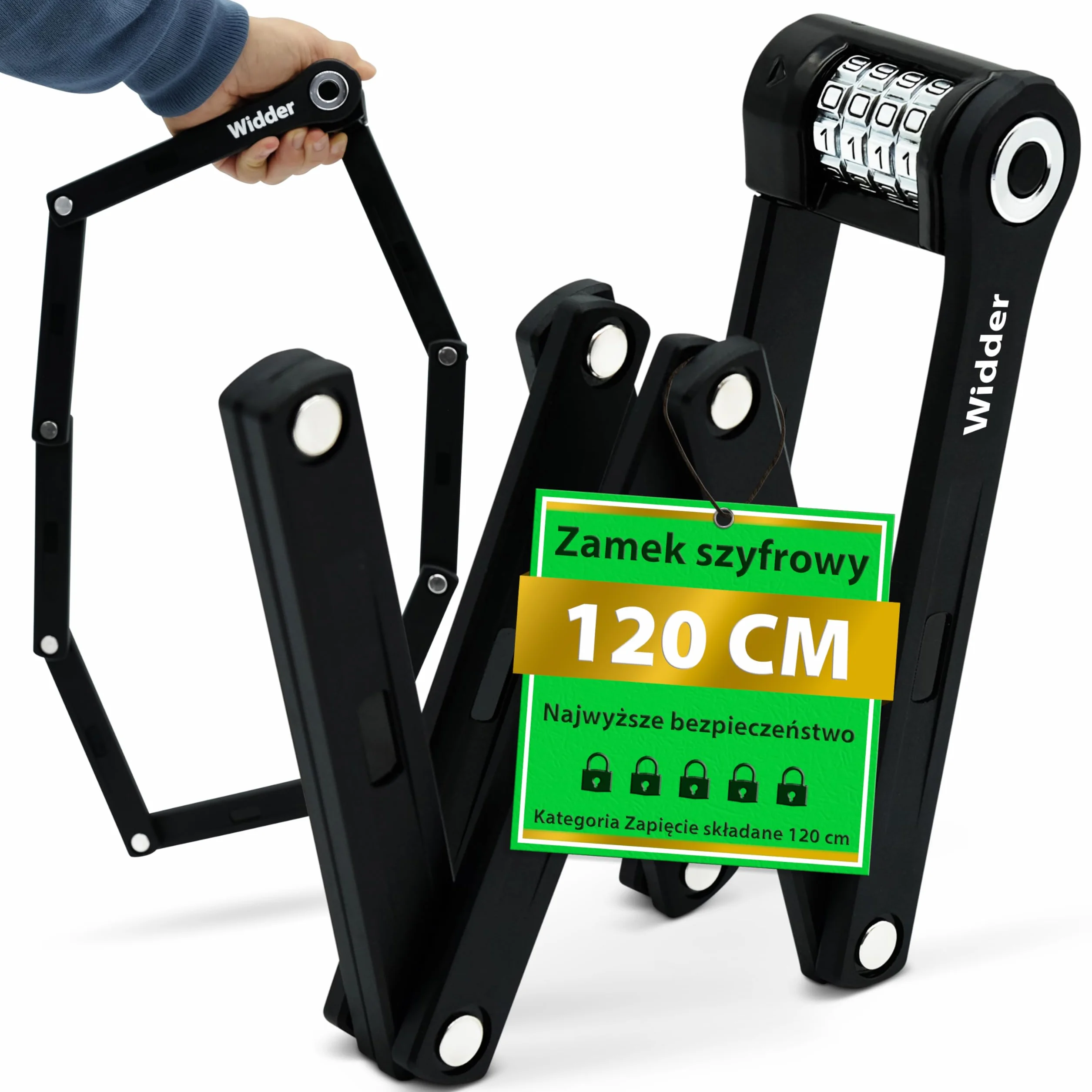 WIDDER 120cm Zamek rowerowy składany szyfrowy Poziom Tytan-Stal 15 z uchwytem
