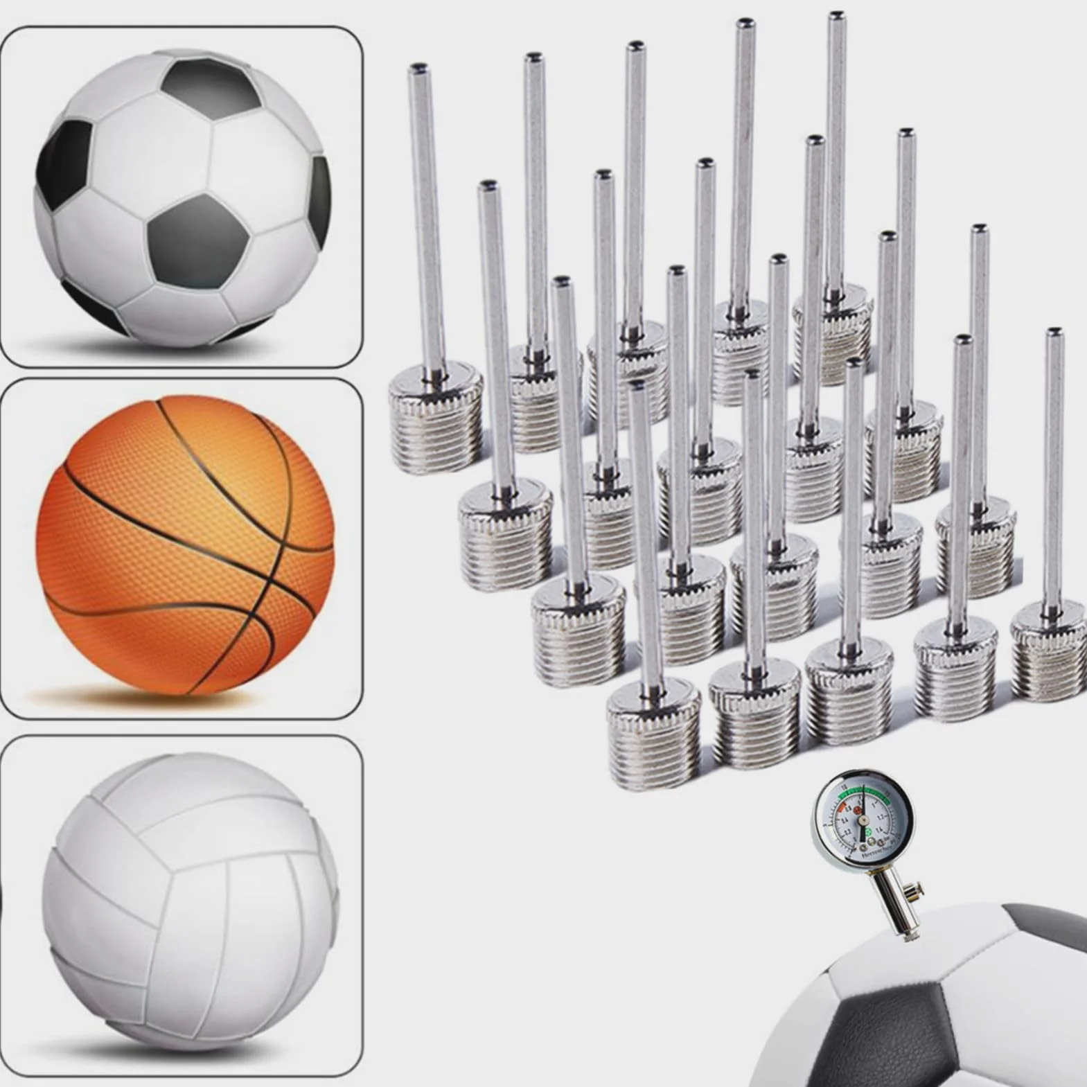 Miernik ciśnienia powietrza Ball Sport 1 szt. i igła do pompki do piłek, 20 sztuk – przenośne urządzenie do pomiaru ciśnienia powietrza z igłą do wszystkich zaworów kulowych sportowych