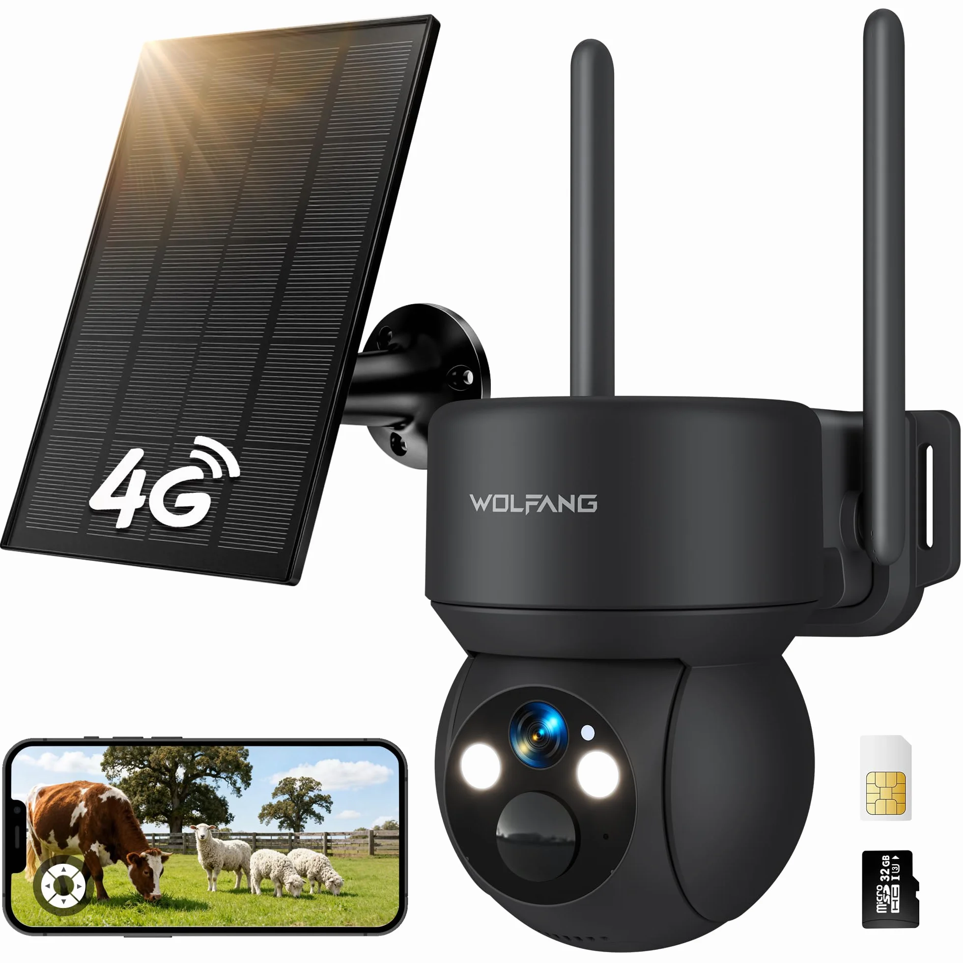WOLFANG Kamera przyrodnicza 4G LTE zasilana energią słoneczną 2,5K wideo na żywo regulacja nachylenia 355° zdalna 90° noktowizor