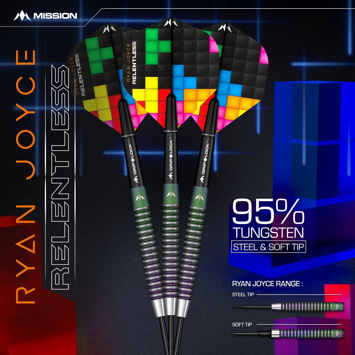 Mission Darts D1587 Ryan Joyce, Relentless | Zestaw rzutek z wysokiej jakości 95% wolframem koralem powlekanym PVD beczką i stalową końcówką, 21 g