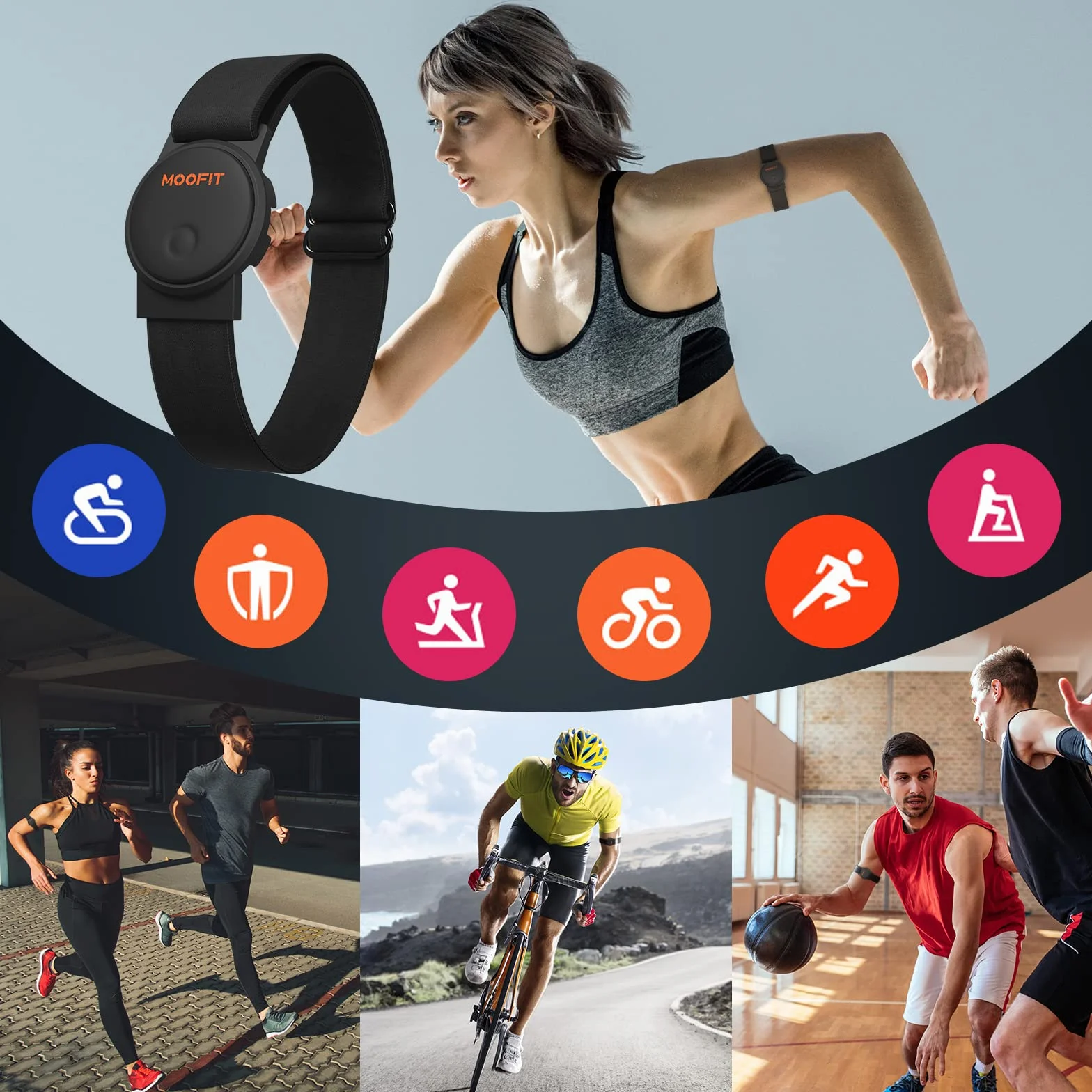 Moofit HW401 opaska na ramię z pulsometrem wodoodporny IP67 Bluetooth ANT+ ładowalna optyczna bransoletka z czujnikiem tętna działa z Wahoo Strava