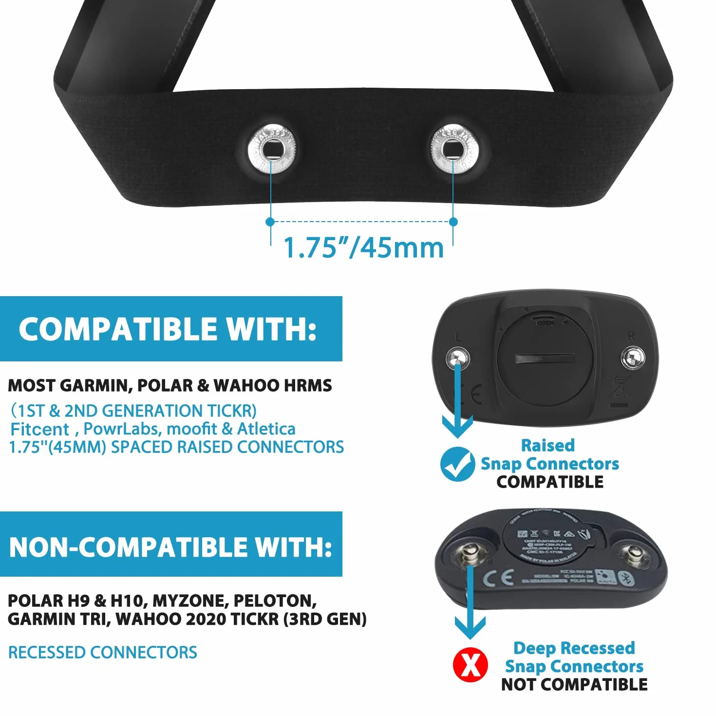 V3 Pasek wymienny do ANT+ i Bluetooth Polar H7, kompatybilny z Garmin, Wahoo i wieloma innymi producentami (rozstaw pętli 45 mm)