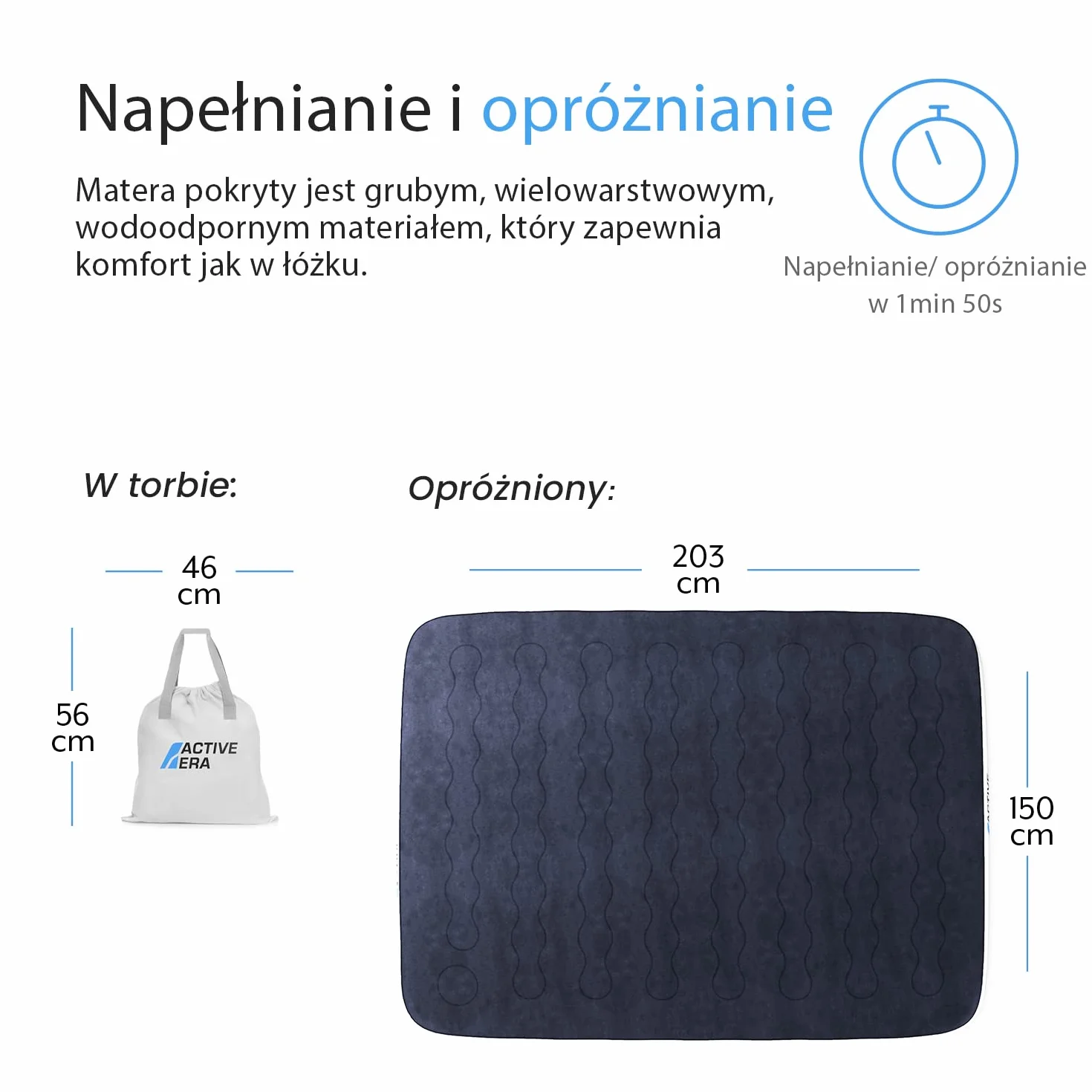Active Era Materac Dmuchany Samopompujący Podwójny 150x200cm Ładowaną Pompką Wodoodporny