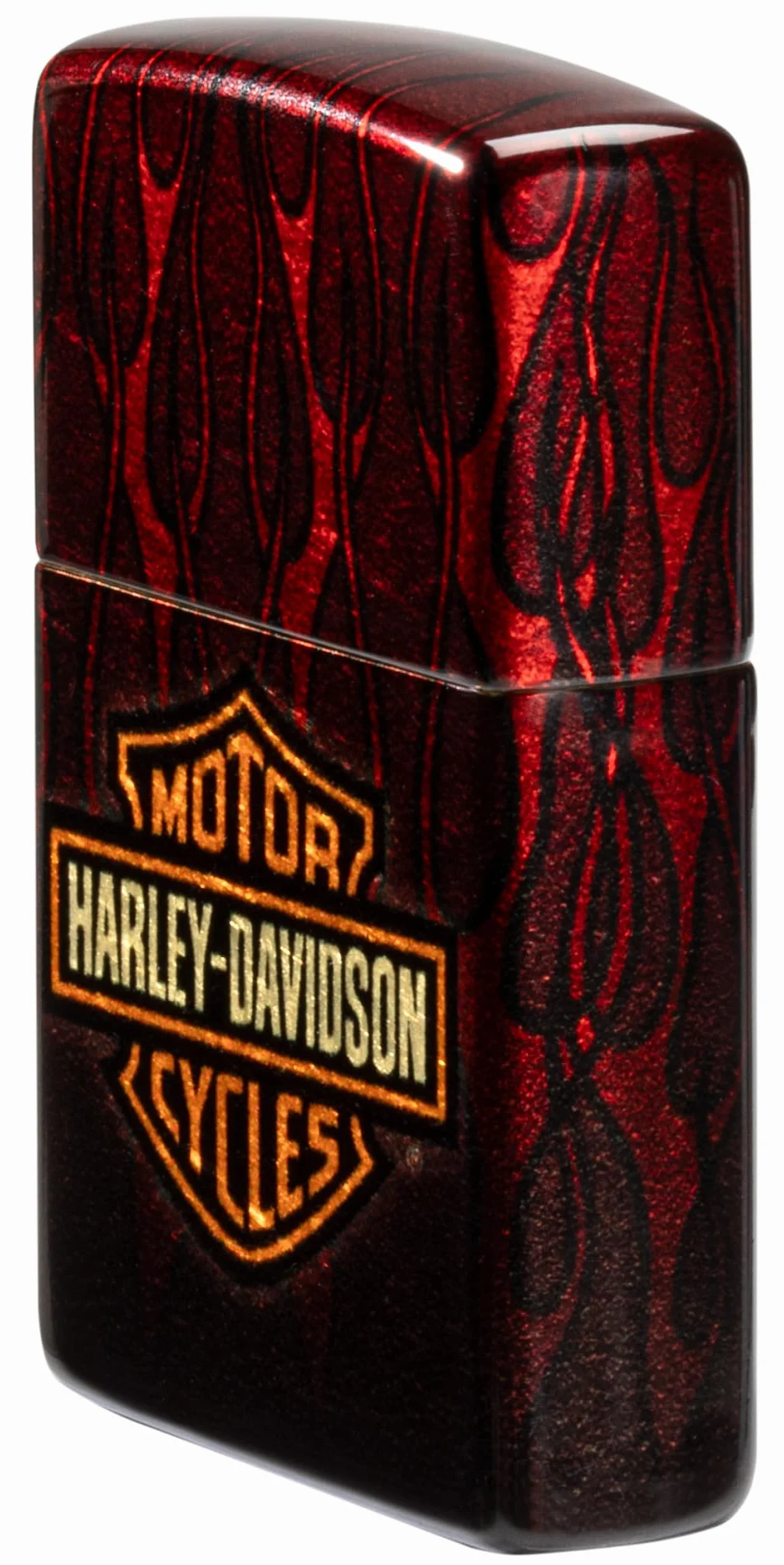 Zippo Harley-Davidson Flames Zapalniczka Sztormowa, do Napełniania, Wielokrotnego Użytku, Wiatroodporna Konstrukcja, Pudełko na Prezent, Wykonano w USA, Postarzany Mosiądz (540° Tumbled Brass)