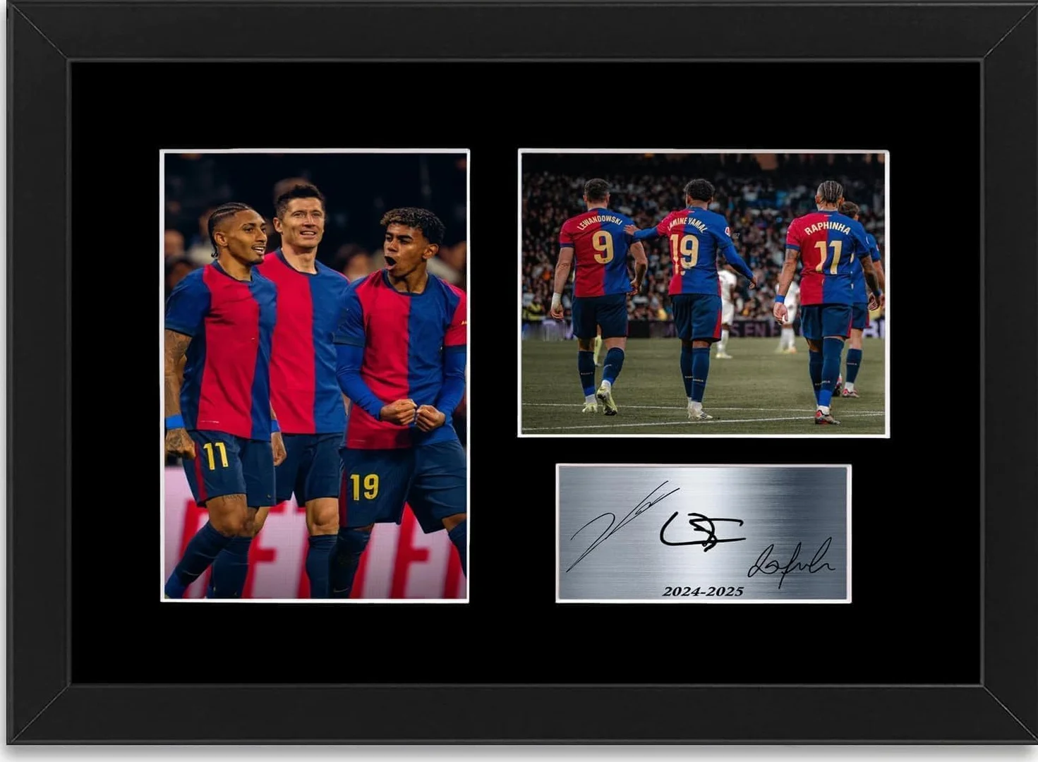 Lamine Yamal Robert Lewandowski Raphinha piłkarze A4 drukowany podpisany autograf zdjęcie oprawiony prezent dla fanów Barcelony