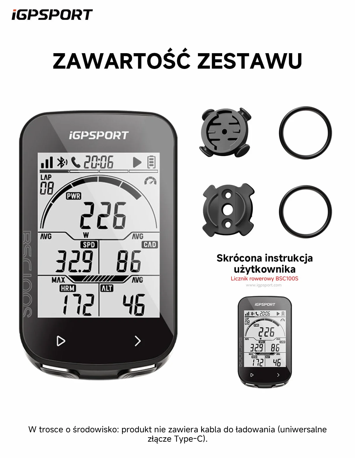 iGPSPORT BSC100SLicznik Rowerowy Bezprzewodowy, Ekran 2,6 Cala, 40 Godzin Pracy Na Baterii, Czujniki ANT+/BLE 5.0, Wodoodporność IPX7