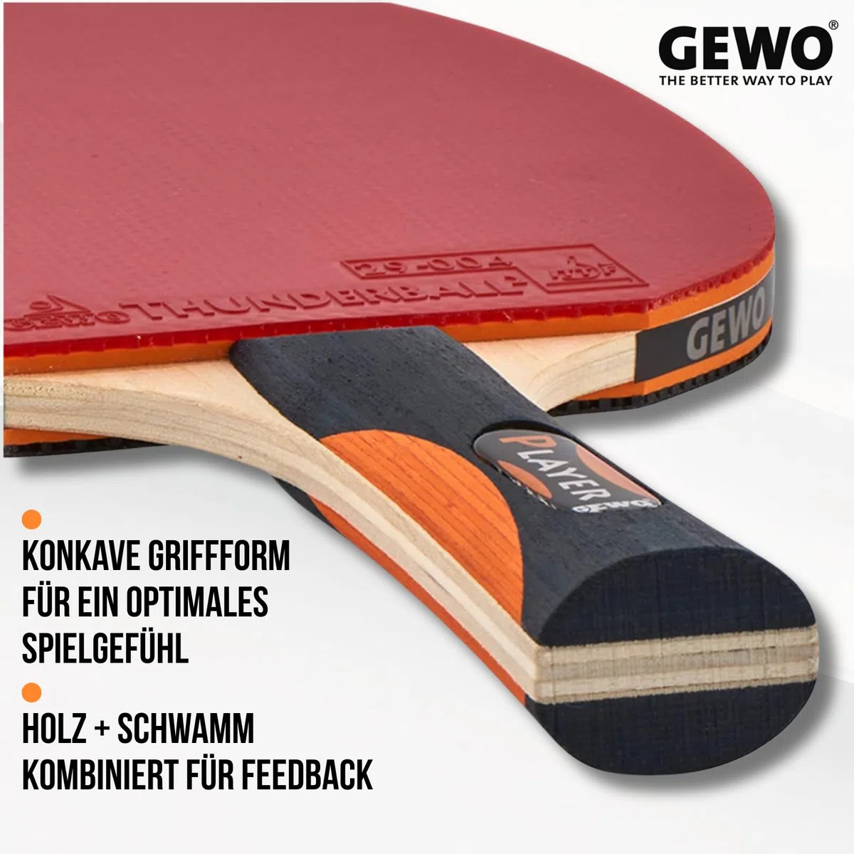 GEWO Unisex – Thunderball 2 wysoka kontrola i maksymalny spin rakieta do tenisa stołowego, czarna/pomarańczowa, jeden rozmiar