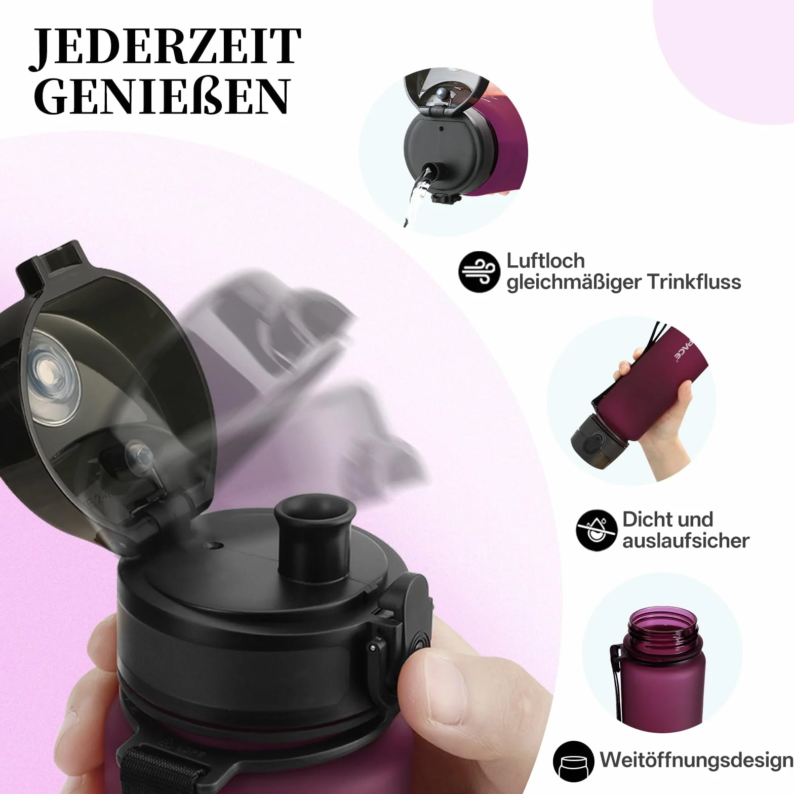UZSPACE Butelka na wodę 500 ml / 800 ml / 1000 ml, Bez BPA, Plastik Tritan, Szczelna, idealne picie dla dzieci, do szkoły, na siłownię, na rower, do biegania, na zewnątrz