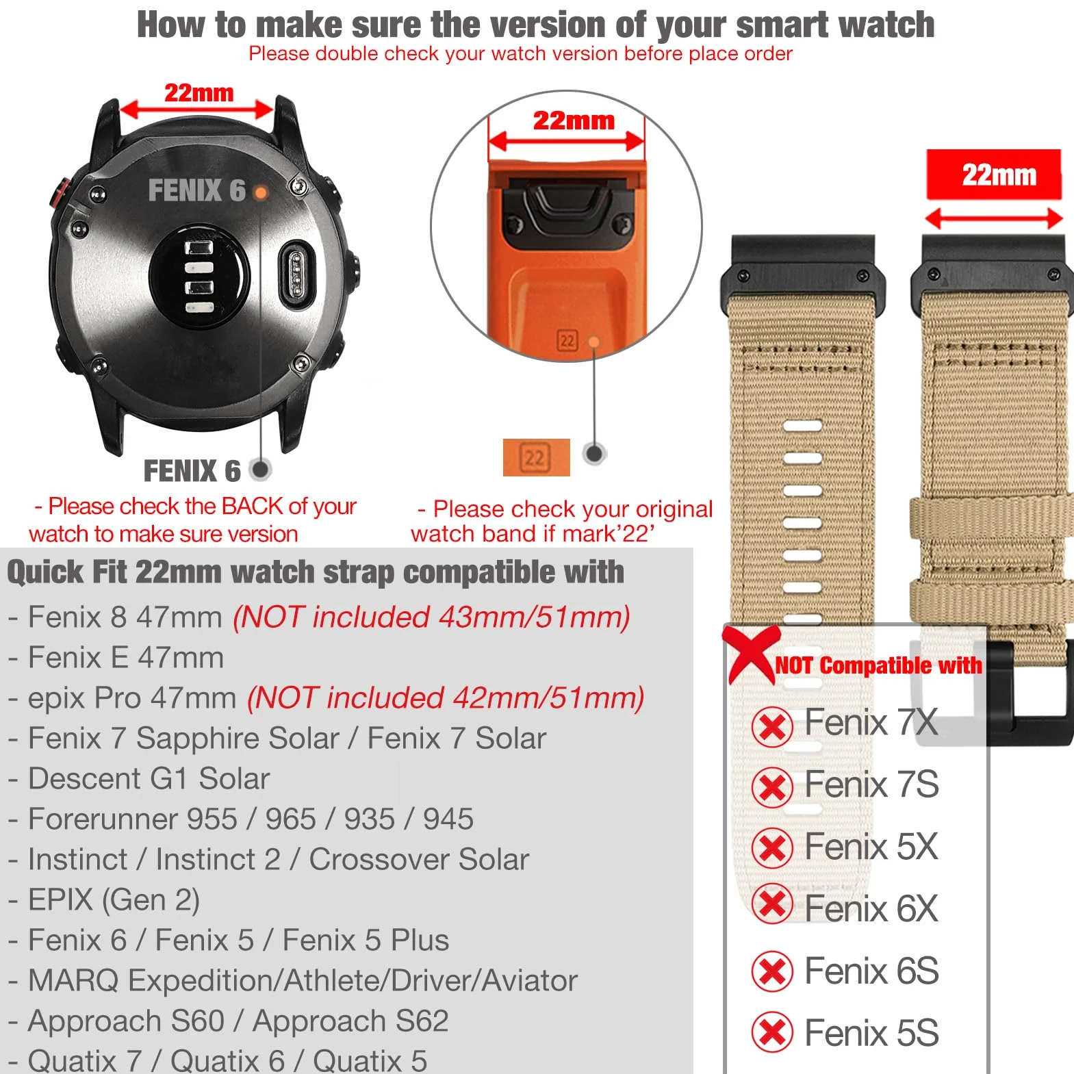 YOOSIDE Nylonowa bransoletka do zegarka Garmin Fenix 8 47 mm / epix Pro 47 mm / Fenix 7/6/5, ulepszona Quick Fit 22 mm Weave nylonowy pasek sportowy na nadgarstek do Instinct 3 45 mm, Forerunner 955