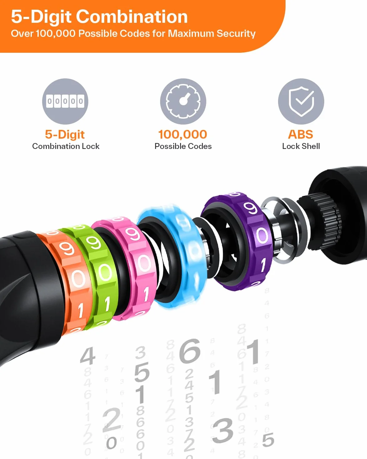 Sportneer Blokada rowerowa, zabezpieczenie łańcucha rowerowego, 5-cyfrowe, resetowalne, szyfrowe, antykradzieżowe, 7 mm x 975 mm