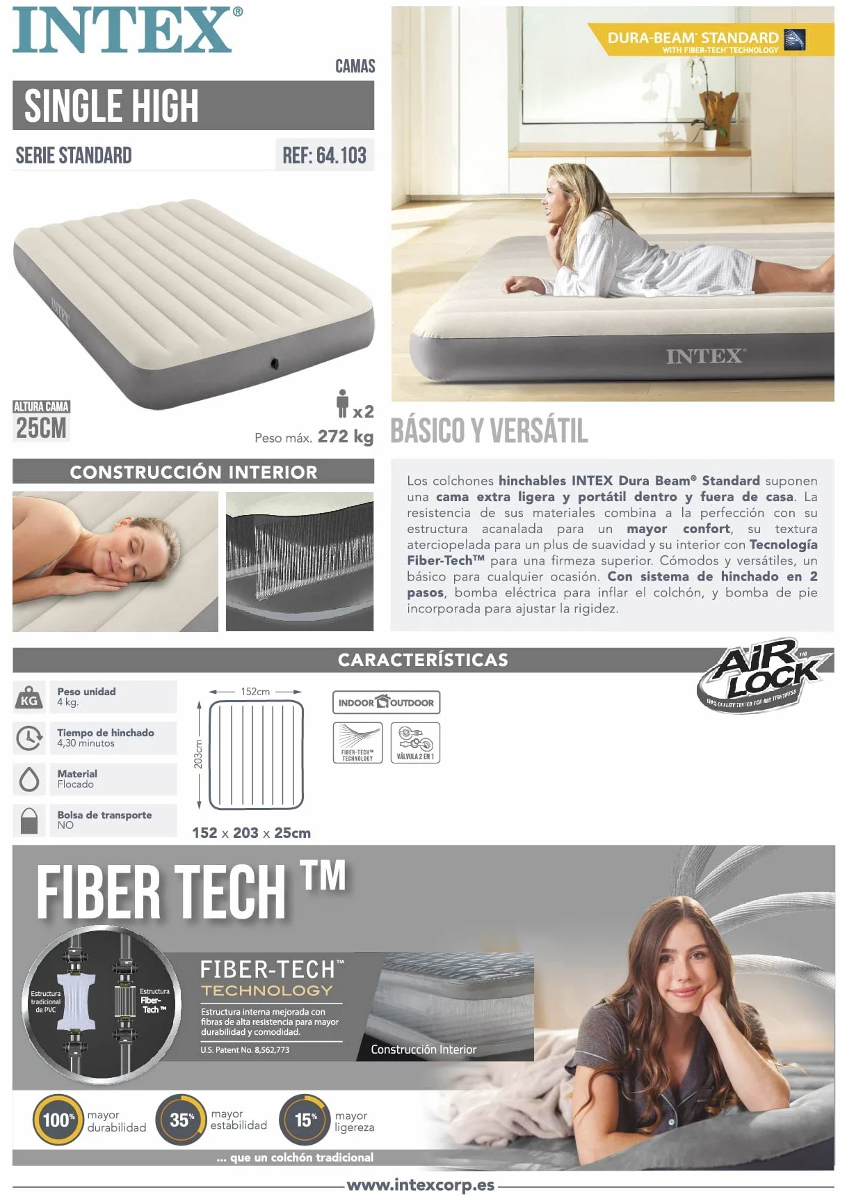 Intex Airbed Materasso Deluxe Classic Matrimoniale Dura Beam con Tecnologia Fiber Tech, Tinta Unita, Tortora/Grigio, 152 x 203 x 25 cm