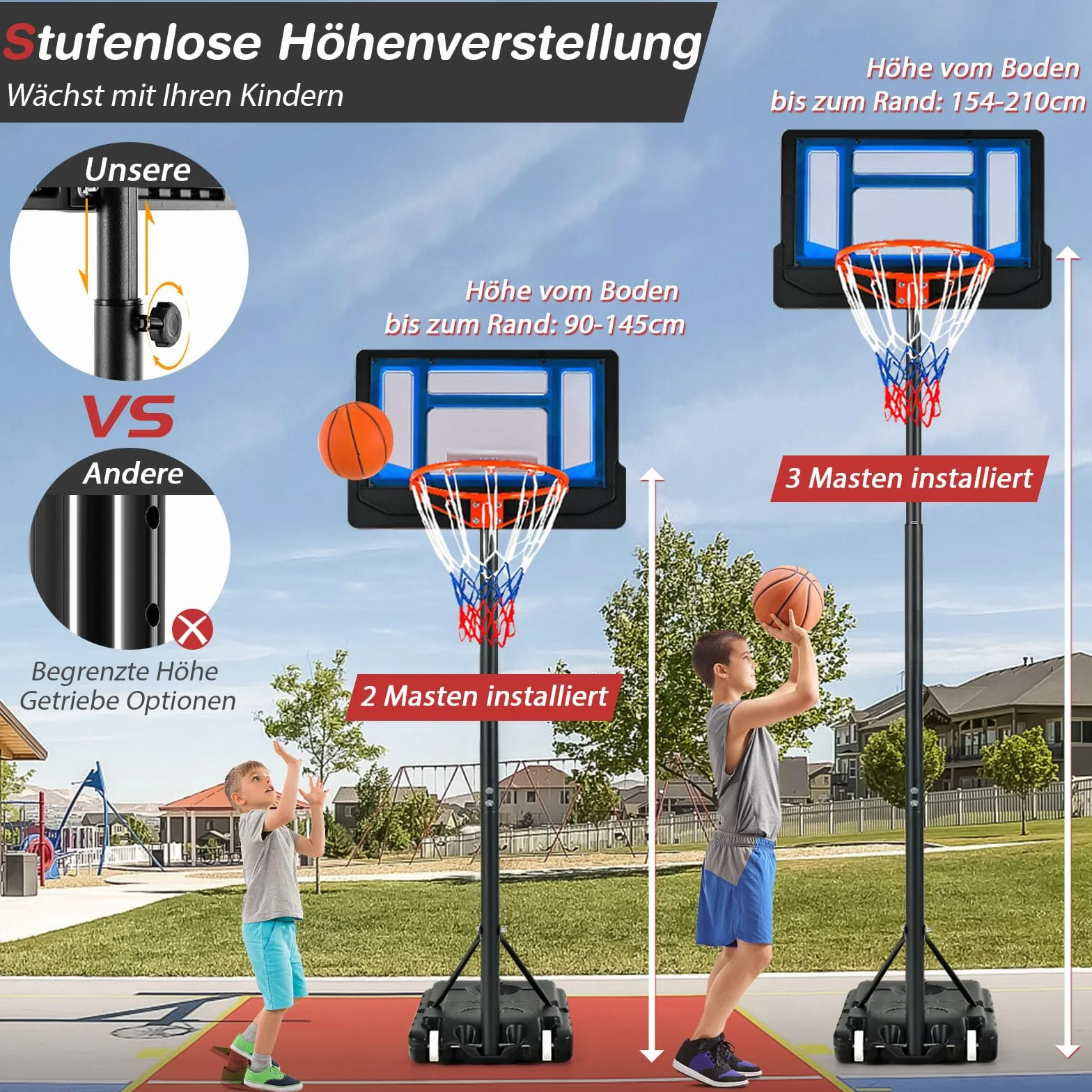 GOPLUS Kosz do koszykówki outdoorowy dla dzieci, młodzieży, 90-210 cm, regulowana wysokość kosza, stojak do koszykówki z kółkami, kosz do koszykówki ze stojakiem i tylną ścianką 76 x 50 cm