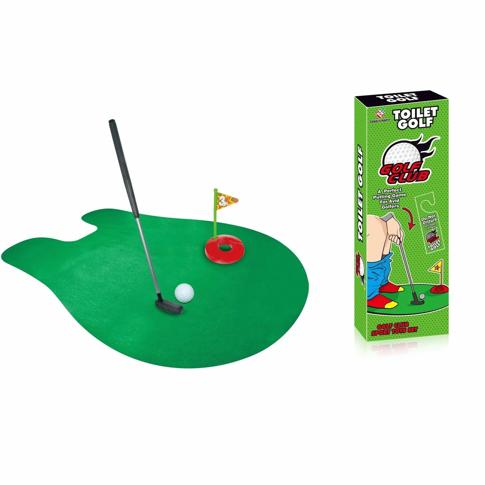 Kiuiom Zestaw do golfa toaletowego, gra w golfa z kijem i piłkami, gra toaletowa, mini golf, zabawny prezent dla mężczyzn z kijem golfowym 64 cm, matą, 2 piłkami golfowymi i hakiem do bramki