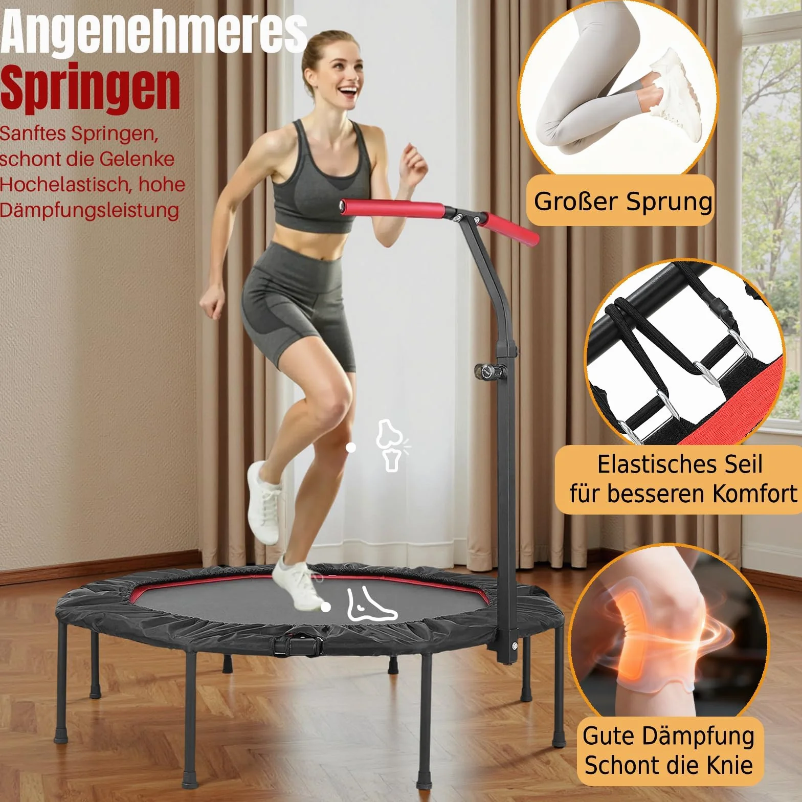 LIFERUN Cicha trampolina fitness, ośmiokątna mini trampolina, Ø 128 cm, do użytku wewnątrz i na zewnątrz, elastyczny sznurek, uchwyty z regulacją wysokości, obciążenie 150 kg, dla dorosłych, do