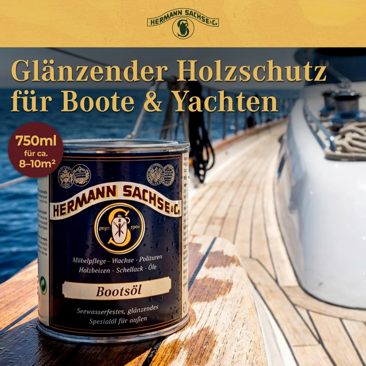 Hermann Sachse Yacht- und Bootsöl farblos - 750ml - Pflegeöl für Dein Boot - witterungsbeständiges, glänzendes Holzöl - Effektiver Holzschutz - Langanhaltendes Pflegeöl für Außen - Made in Germany