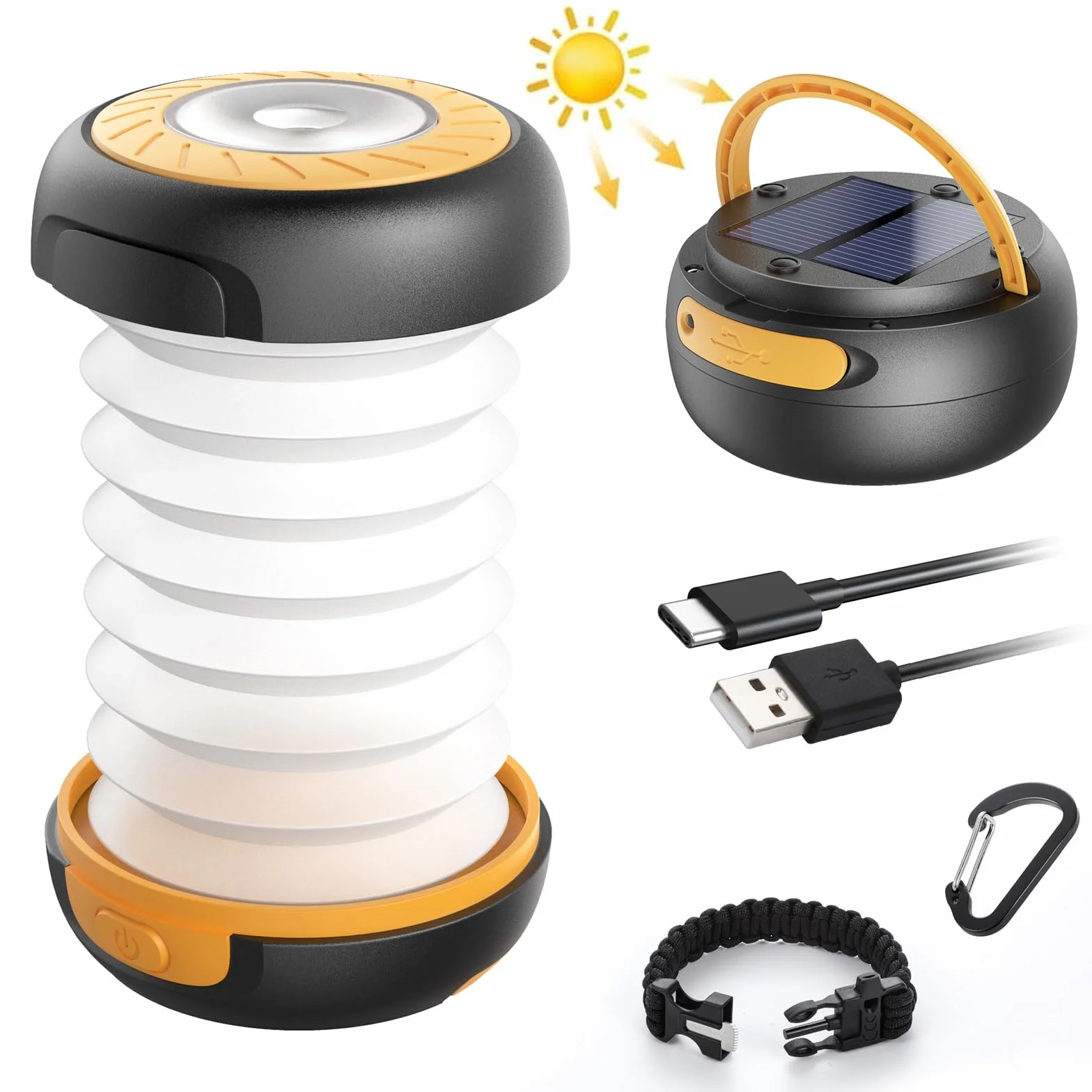 GlobaLink Latarnia kempingowa LED, ładowalna lampa kempingowa, zasilana energią słoneczną/USB, składana lampa namiotowa z gwizdkiem pierwszej pomocy, lampa kempingowa do namiotu turystycznego, ogrodu
