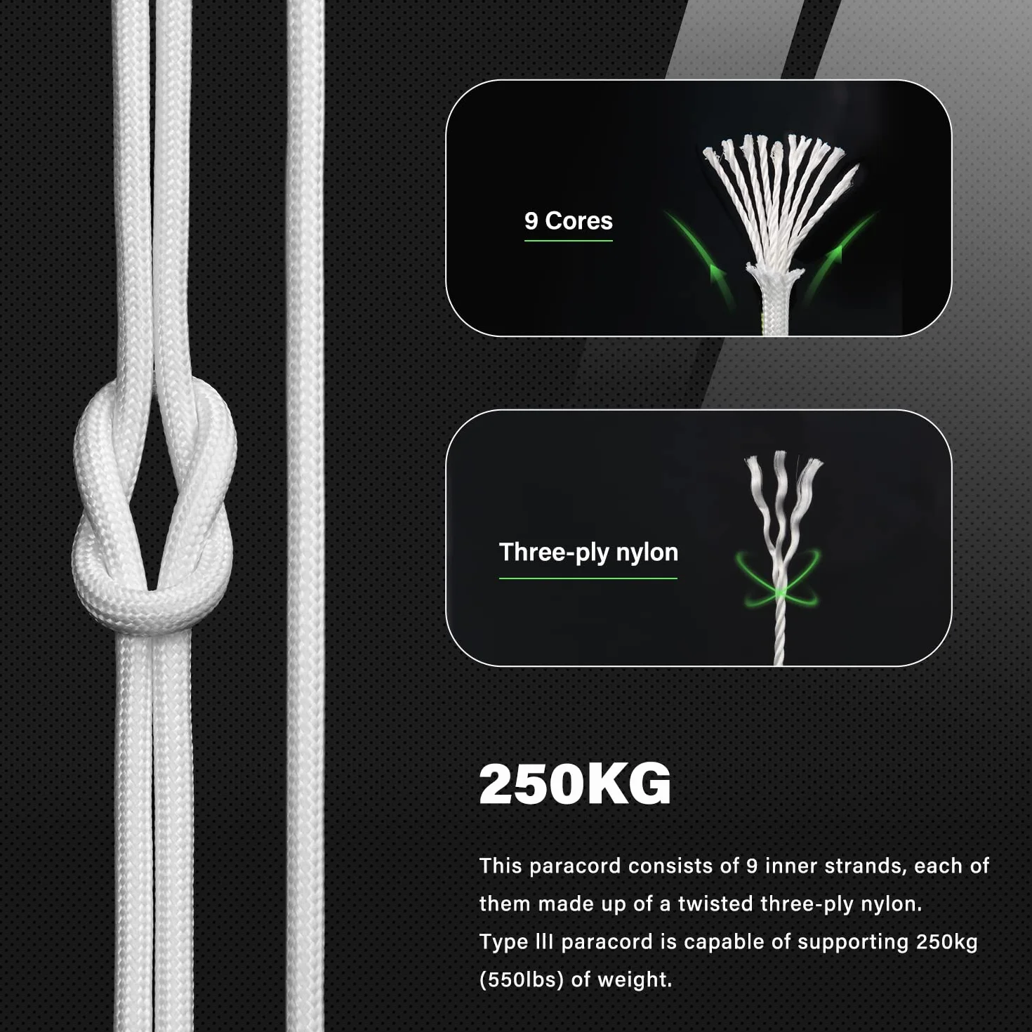 Abma Cord Glow In The Dark Paracord 550 4mm 30m Luminous Fluorescencyjny Paracord 9 Strands Linka Spadochronowa - Max. 250kg (550lbs)