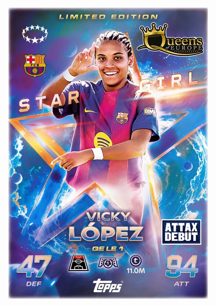 Topps UCC Match Attax 2025/26 - Update Eco Pack #3 - Queens of Europe - zawiera 41 kart, w tym 16 ekskluzywnych kart Queens of Europe plus jedną kartę LE Star Girl.