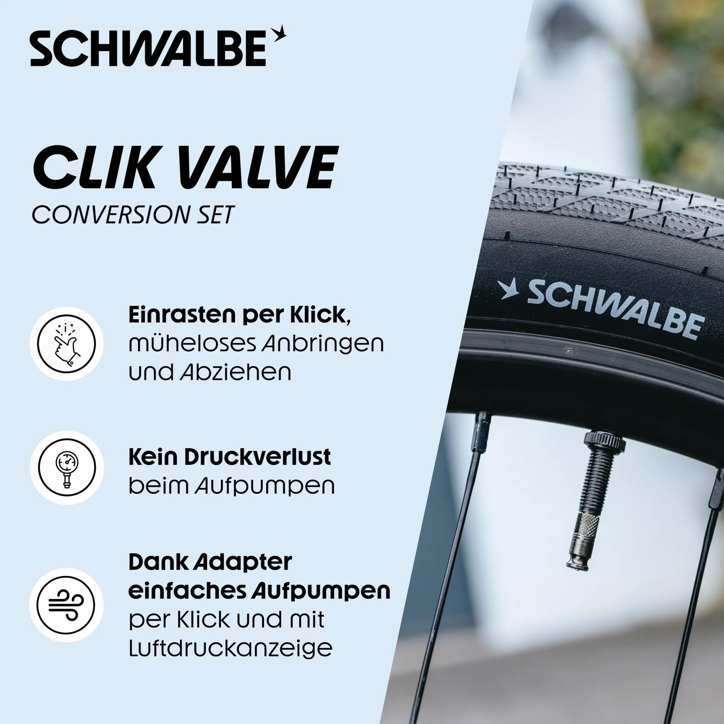 Schwalbe Clik Valve - nakładka na wentyl rowerowy, zestaw do konwersji DV-SCV (zawór z adapterem głowicy pompy)
