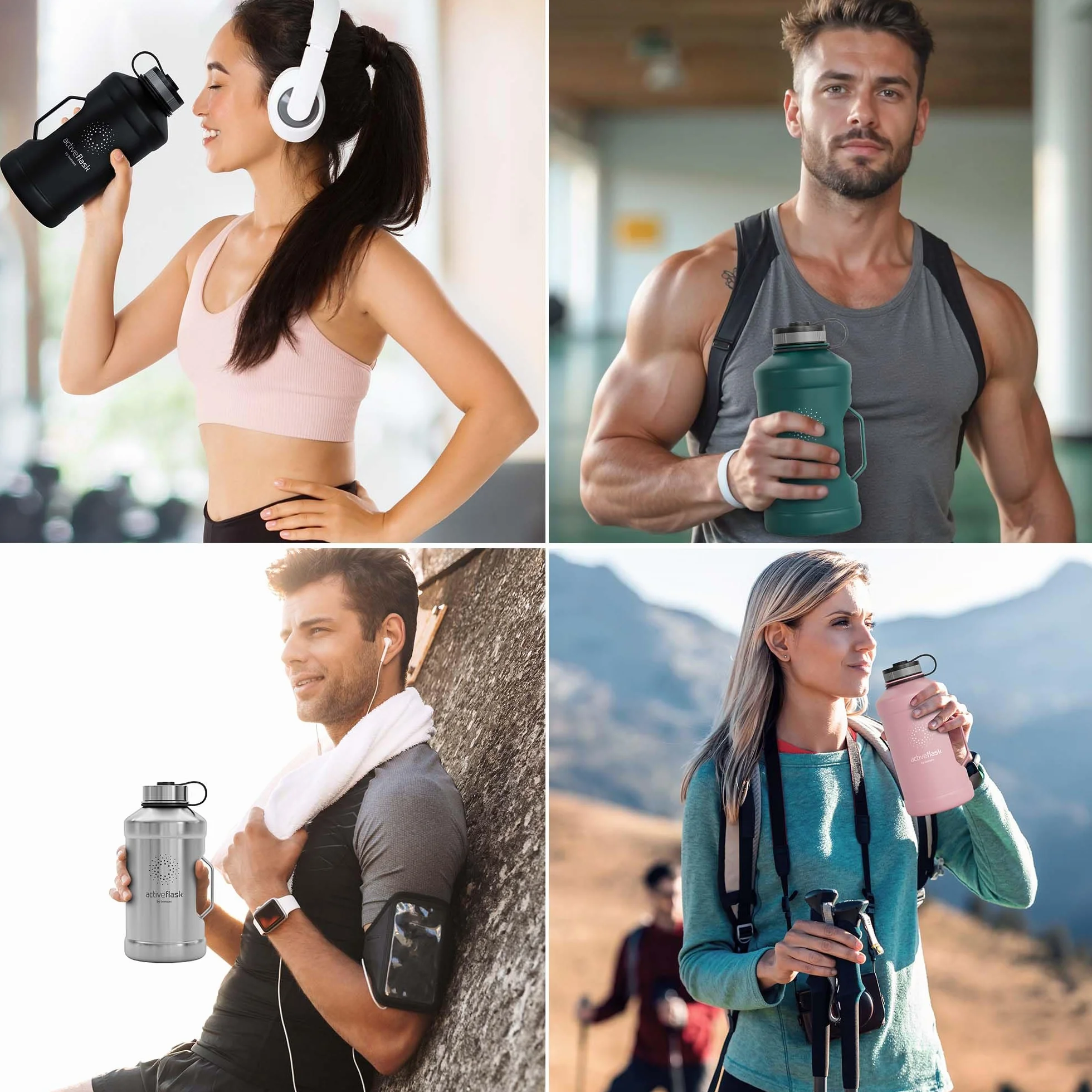Butelka do picia ze stali nierdzewnej ACTIVE FLASK + Słomka (3 pokrywy) | Duża 1,3/2,2 Litrowa Sportowa bez BPA Nieprzeciekająca, 2l XL Sport Fitness Siłownia trening szczelna