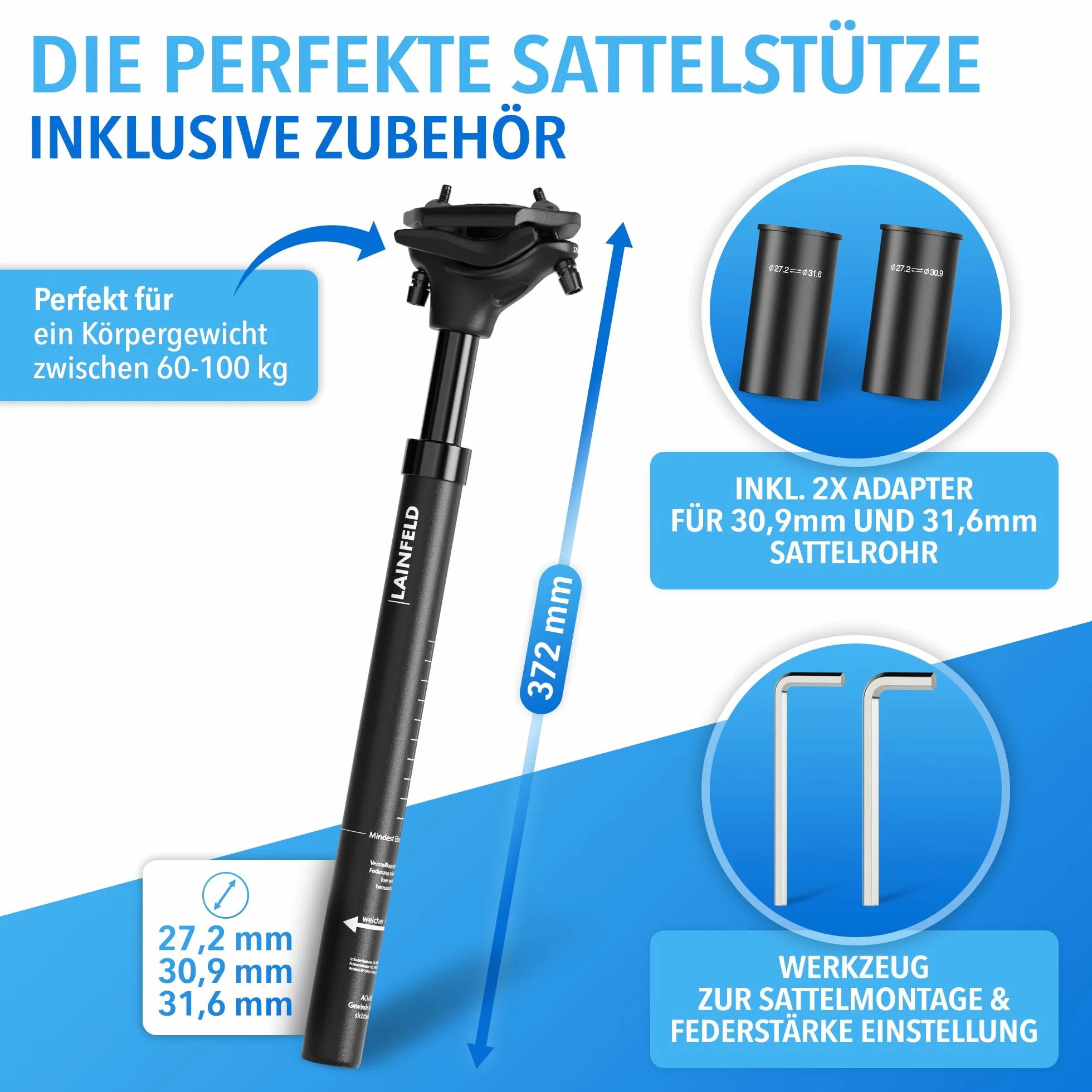 LAINFELD Sztyca podsiodłowa sprężynowa 27,2 mm 30,9 mm 31,6 mm regulowana MTB E-Bike