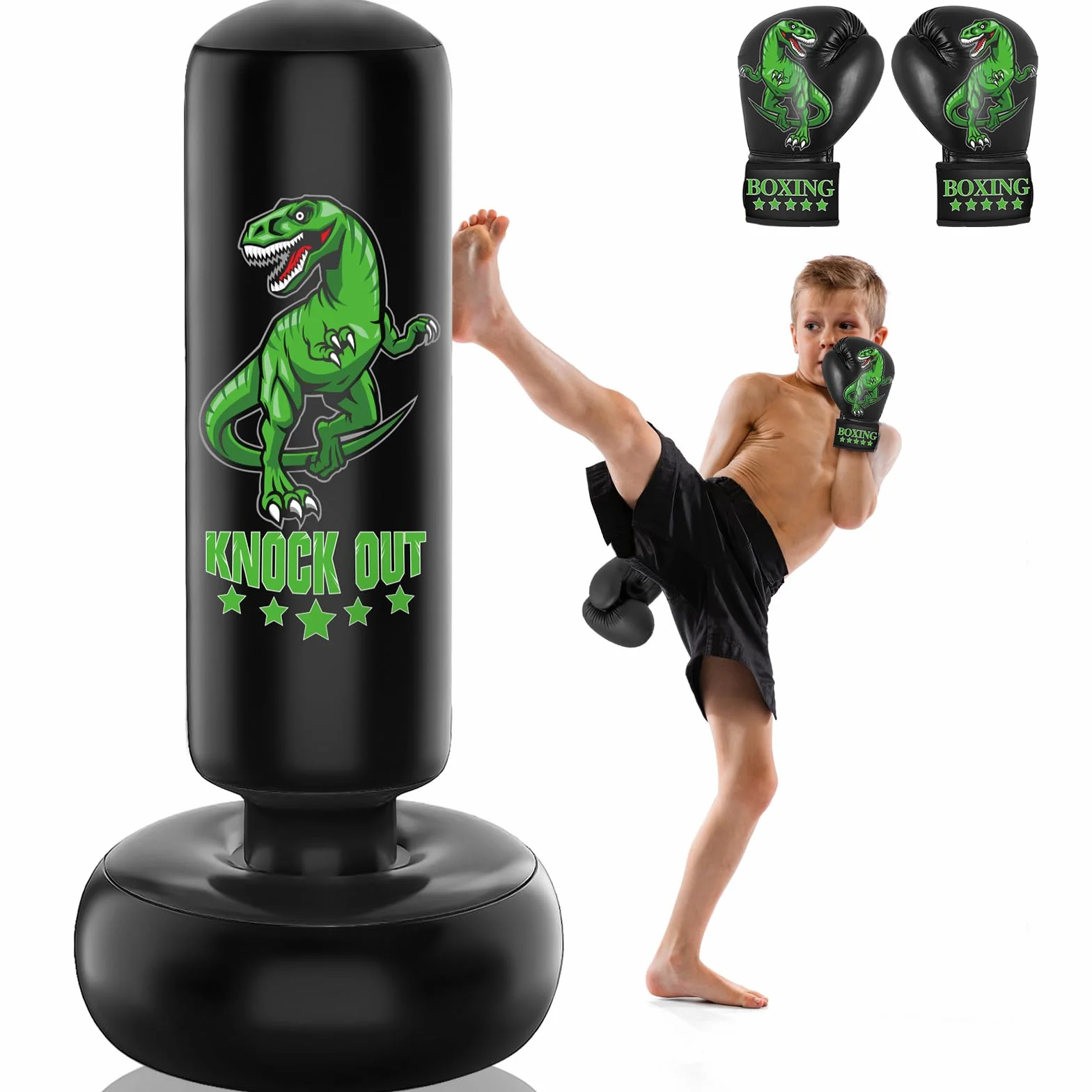 Torba bokserska dla dzieci, 160 cm, wolnostojąca torba bokserska, zestaw z rękawiczkami bokserskimi, straszny dinozaur, sportowa, nadmuchiwana torba kickboxingowa do treningu karate taekwondo