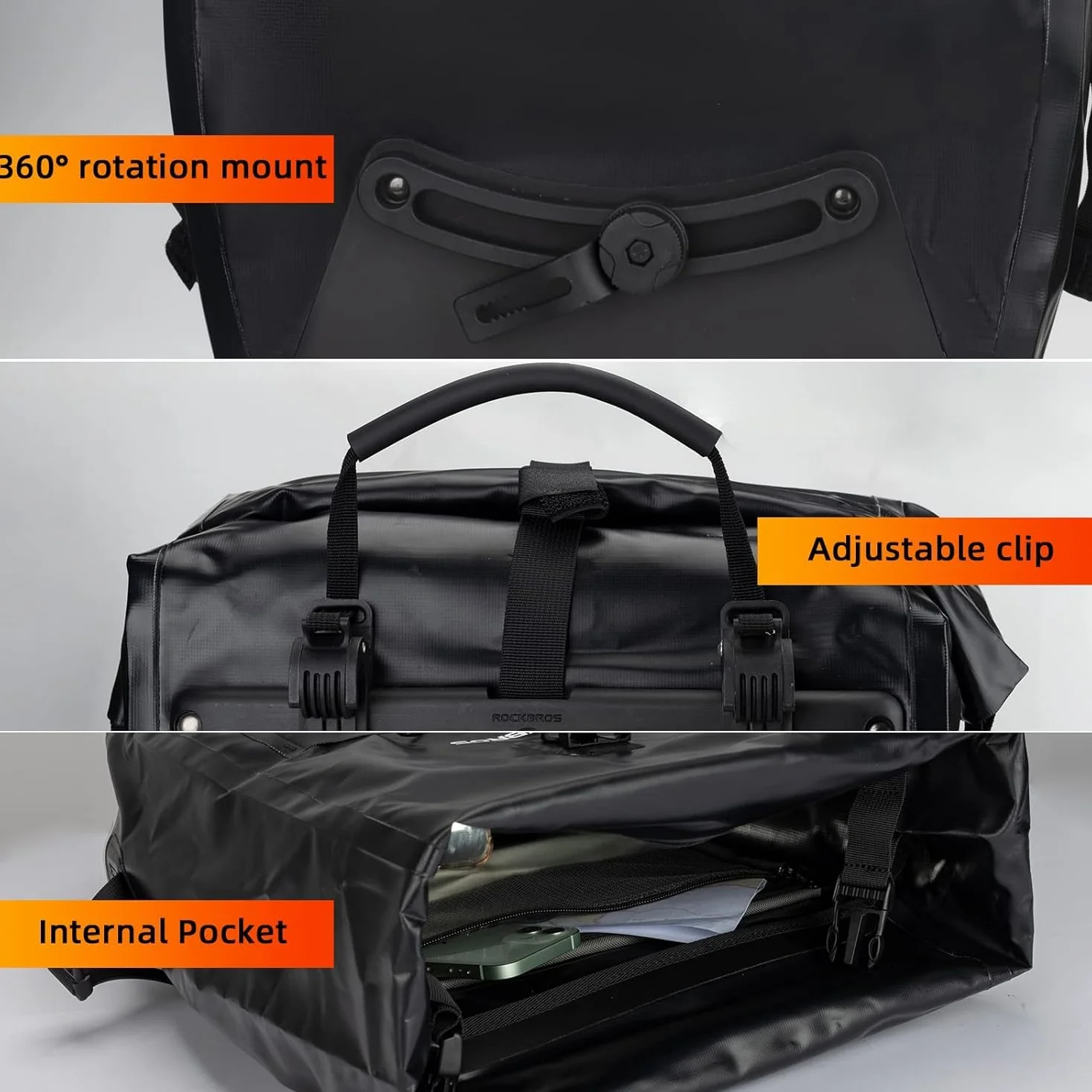 ROCKBROS Sakwa Rowerowa do Bagażnika, Duża Pojemność 25L-32L, 100% Wodoodporna, Odblaskowa, Trwała, Uniwersalna, z Regulowaną klamrą, Tylna Sakwa z Uchwytem do Przenoszenia, Wielokolorowy