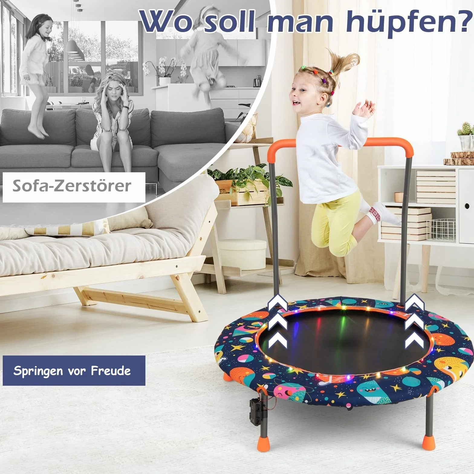 COSTWAY Trampolina dla dzieci 92 cm z oświetleniem LED, uchwyt bezpieczeństwa, obciążenie 25 kg
