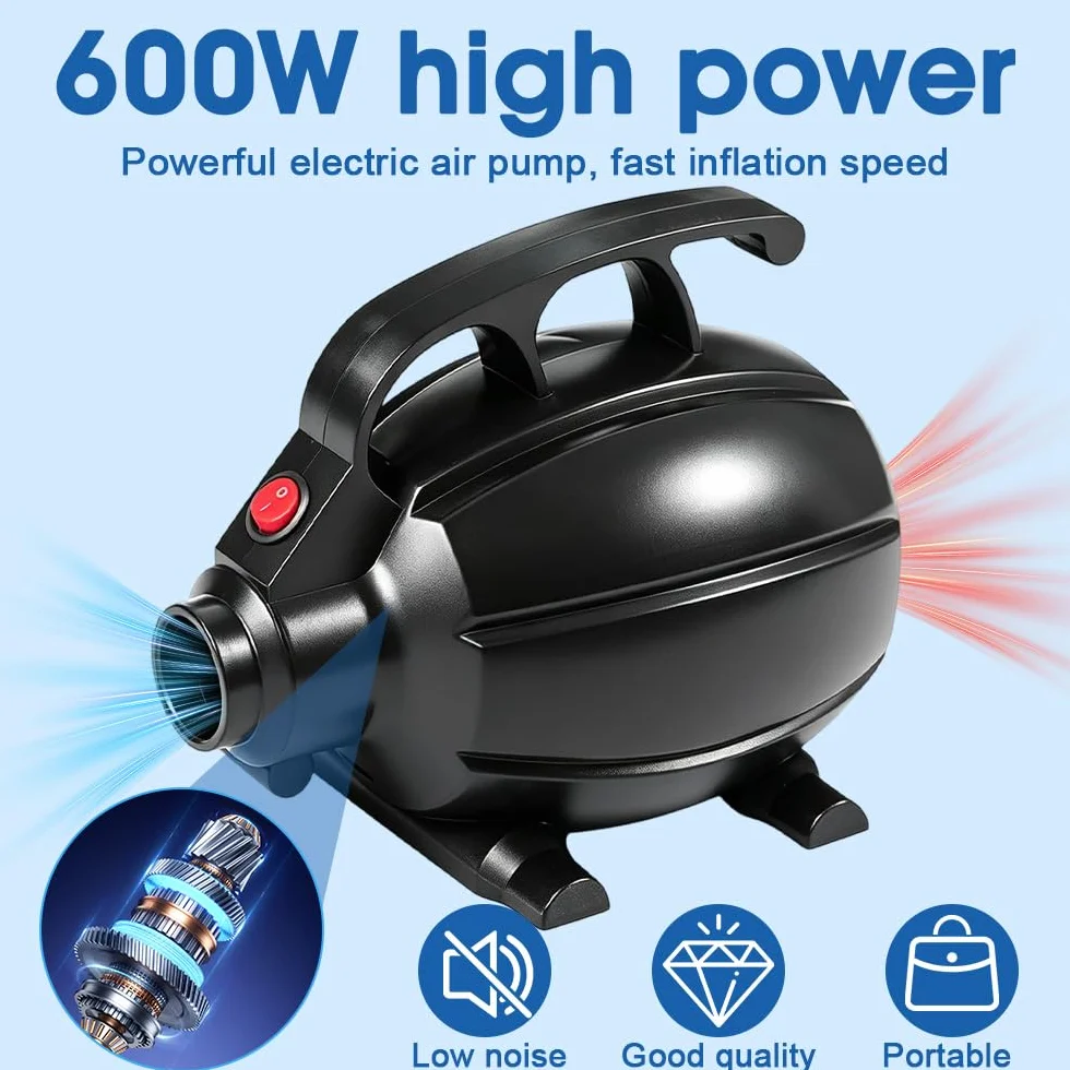 Foreverup Elektryczna pompa powietrza 600 W, z 5 dyszami, Airtrack, materac dmuchany do materaca, sofy, basenu, brodzika, pontonu, kółek pływających, łodzi