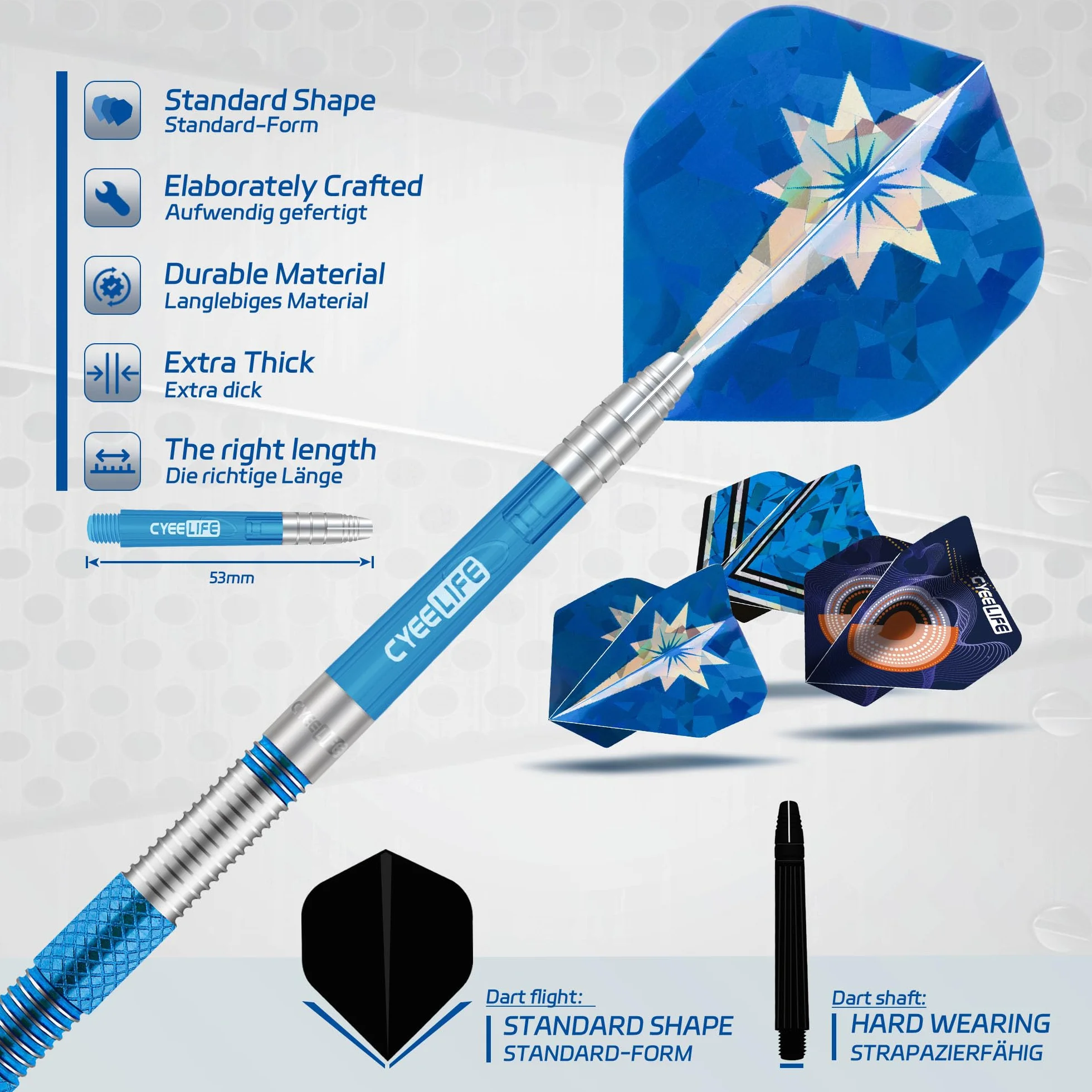 Zestaw rzutek do darta CyeeLife z plastikowymi końcówkami 90% wolframu 3 sztuki 90% wolframu soft darts, profesjonalny zestaw do darta z piórkami, nasadkami i końcówkami (niebieski)
