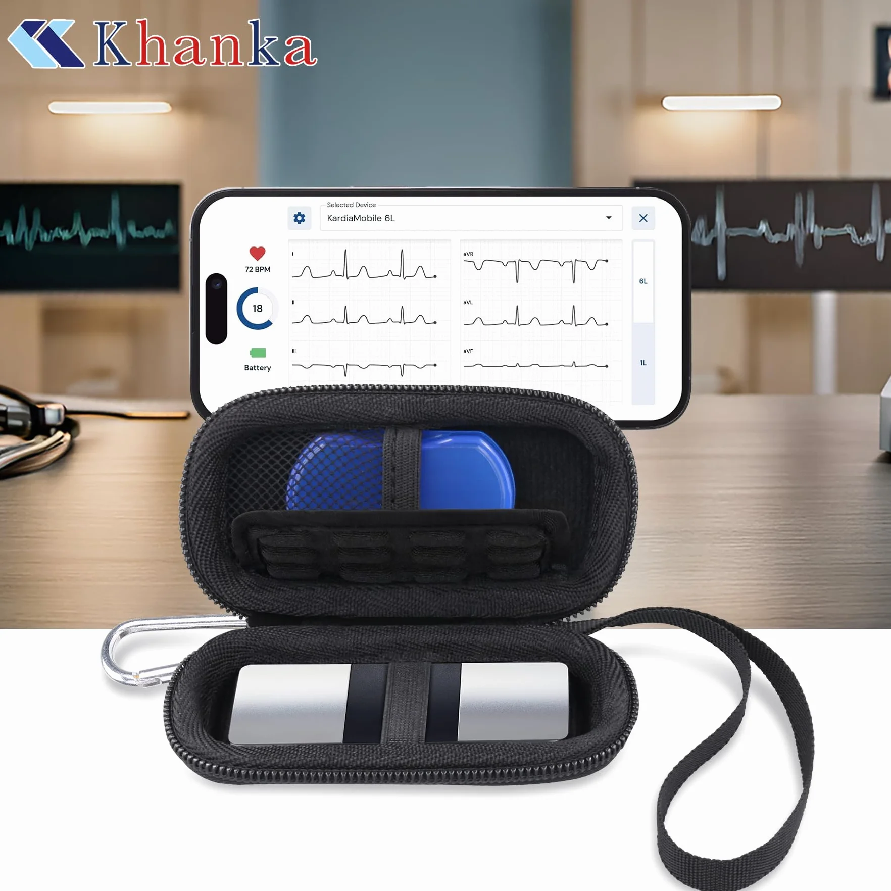 Khanka Twarde etui na monitor serca KardiaMobile 6L/1L EKG z karabińczykiem i smyczą