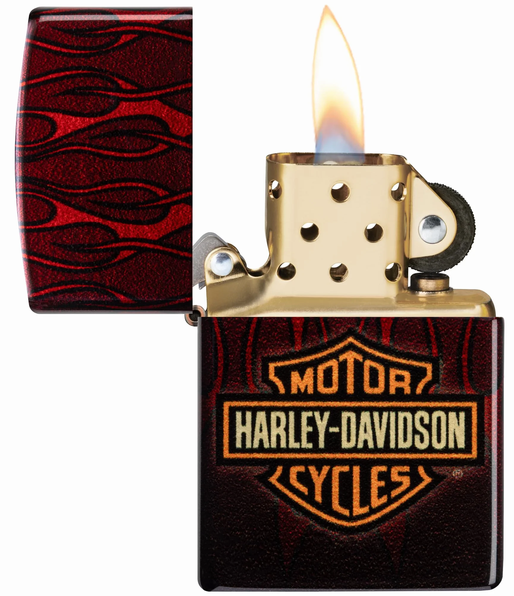 Zippo Harley-Davidson Flames Zapalniczka Sztormowa, do Napełniania, Wielokrotnego Użytku, Wiatroodporna Konstrukcja, Pudełko na Prezent, Wykonano w USA, Postarzany Mosiądz (540° Tumbled Brass)