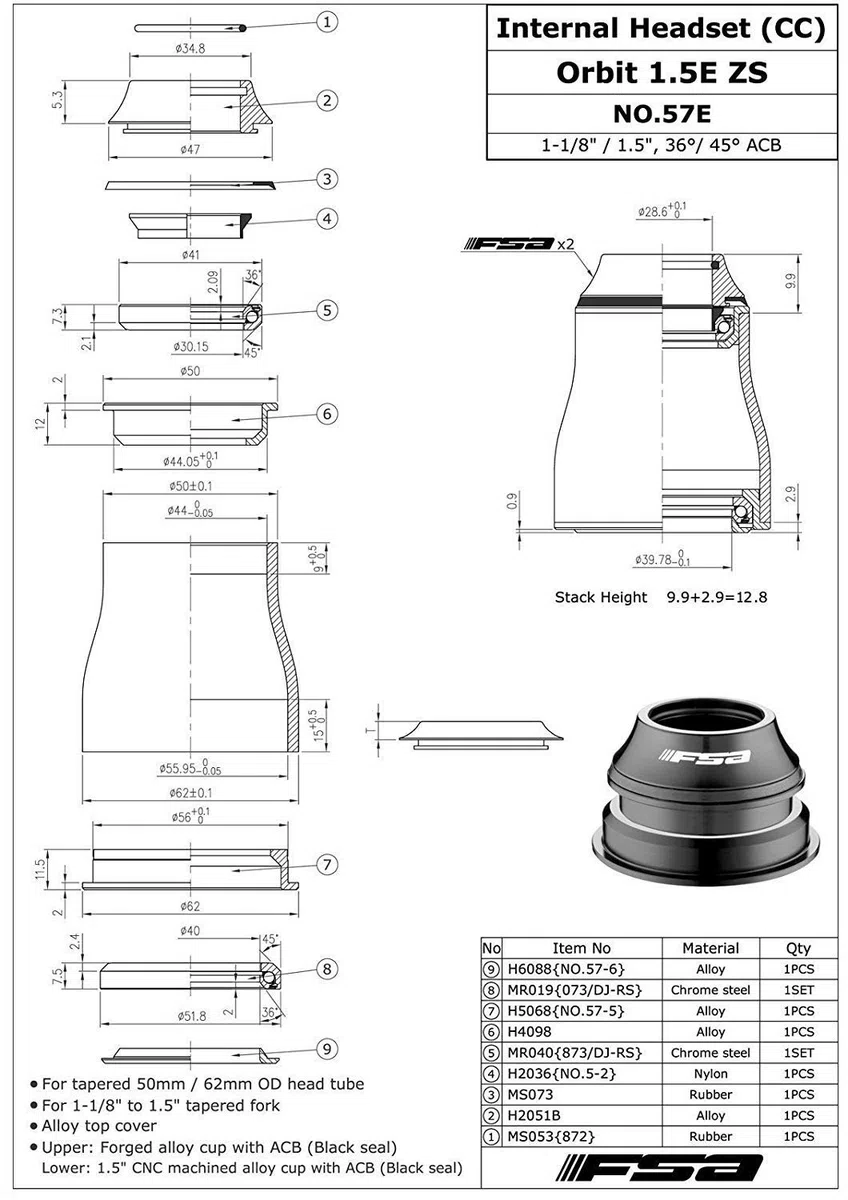 FSA No.57E Orbit 1.5E ZS 1-1/8 Zoll bis 1,5 Zoll konisch Headset OD 50/62 mm, XTE1532