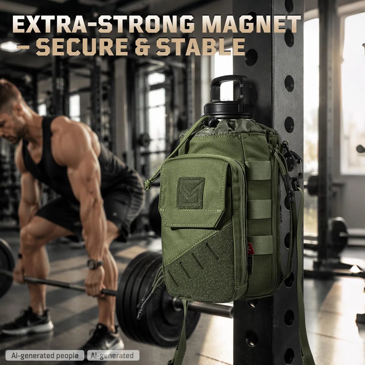 1TG Tactical Magnetyczna torba gimnastyczna na butelkę, 1-2 l, dla mężczyzn i kobiet – uchwyt na wodę z kieszenią na telefon komórkowy, zdejmowany klips magnetyczny, panel MOLLE i regulowany pasek do
