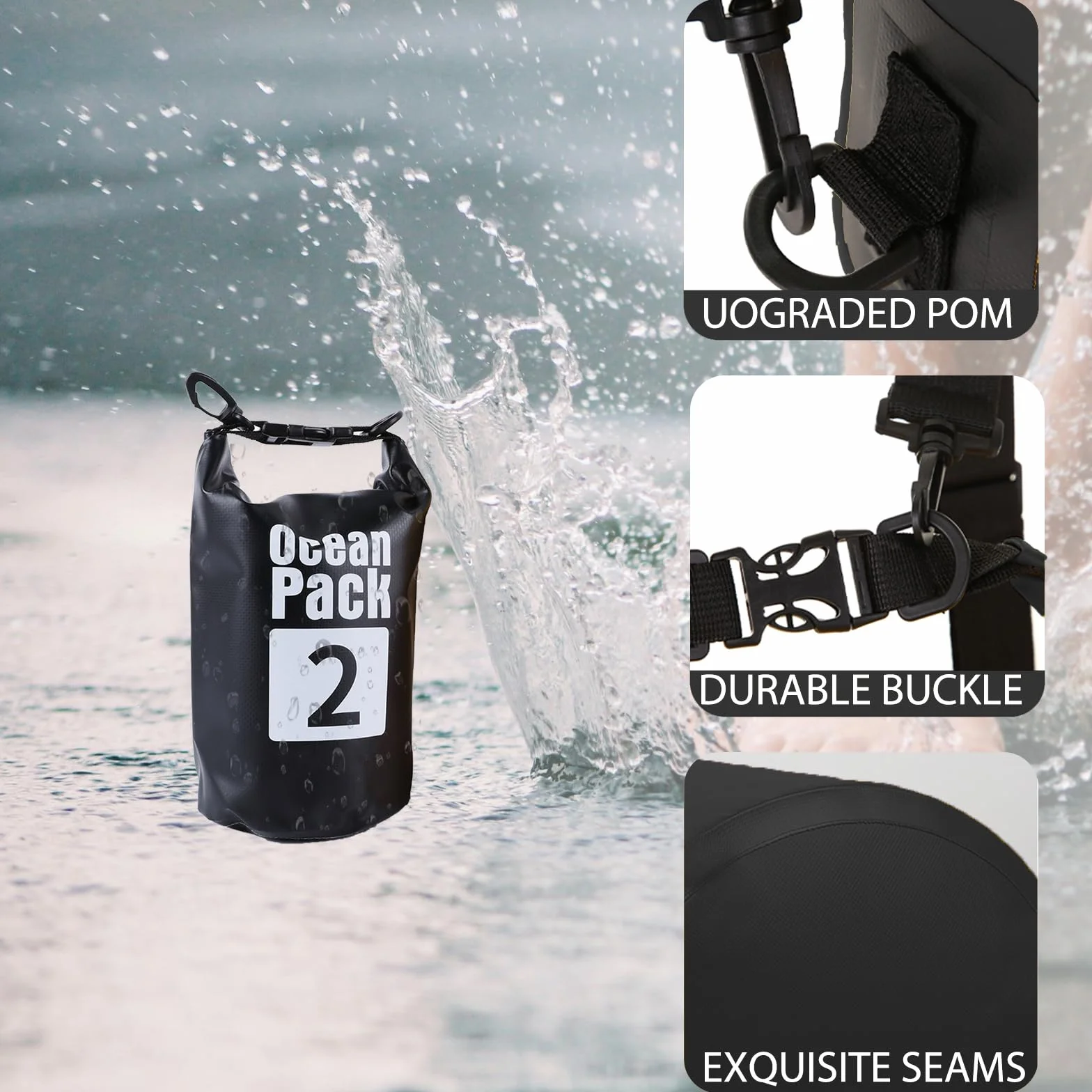 2L Czarna wodoszczelna torba, Dry Bag 2L/5L/10L/15L/20L/30L z regulowanym paskiem, chroni telefon/kartę, worek wodoodporny z rolowanym górnym zamknięciem, plecak na pływanie/rafting/kajak/żeglarstwo