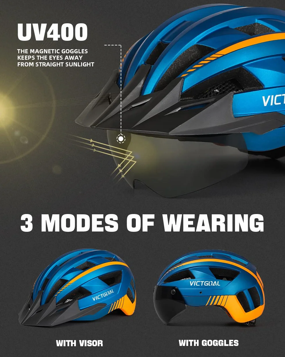VICTGOAL Kask rowerowy dla mężczyzn i kobiet, zdejmowany magnetyczny wizjer, oddychający, 21 kanałów wentylacyjnych, regulowany kask rowerowy