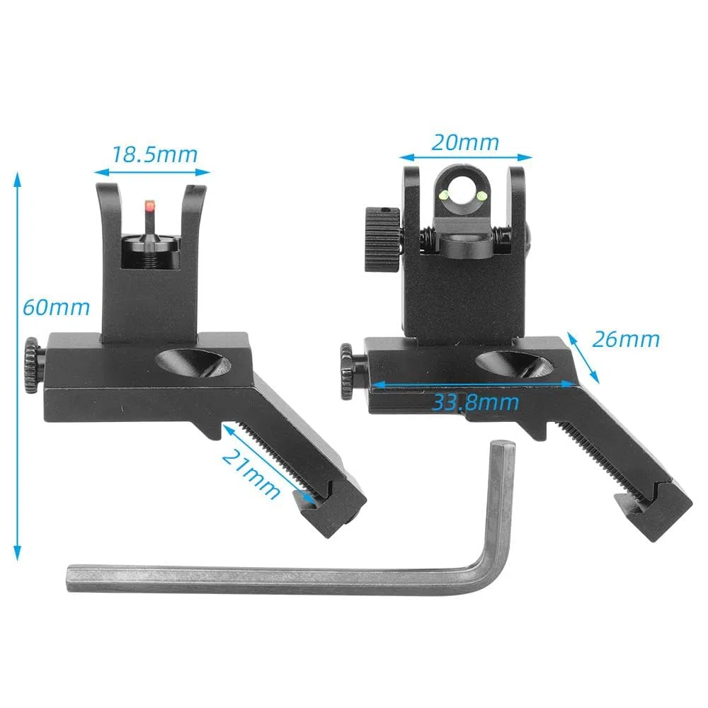Aluminum Alloy 45 Degree Angled BUIS Front and Rear Flip Up Rapid Transition Backup Iron Sight For Rifle Scope(Black with fiber optic)