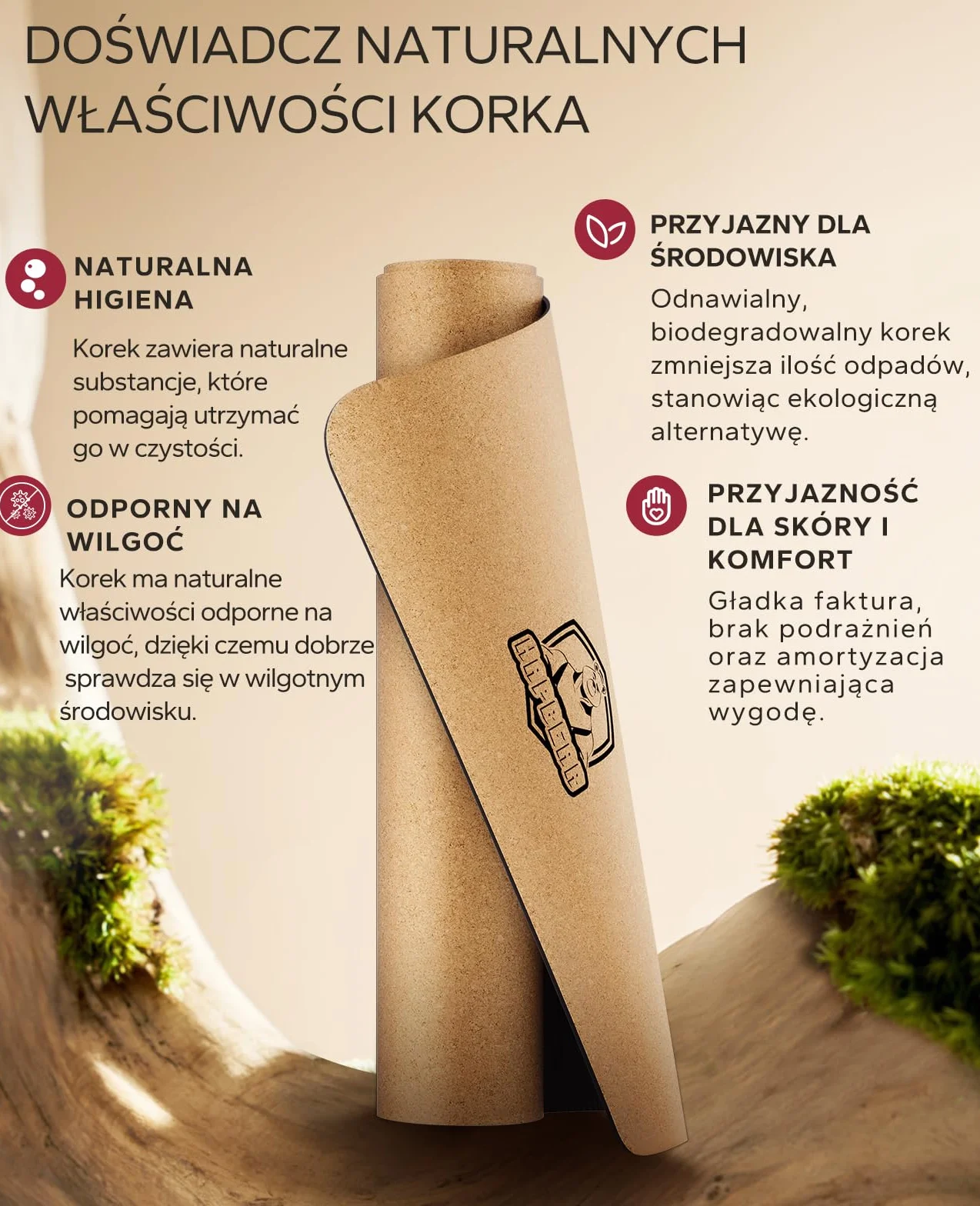HAPBEAR Mata do jogi z korka XXL – Antypoślizgowa, 183×116/91 cm, 6 mm, 100% naturalna, trwała, do jogi i pilatesu, z taśmą oporową i torbą