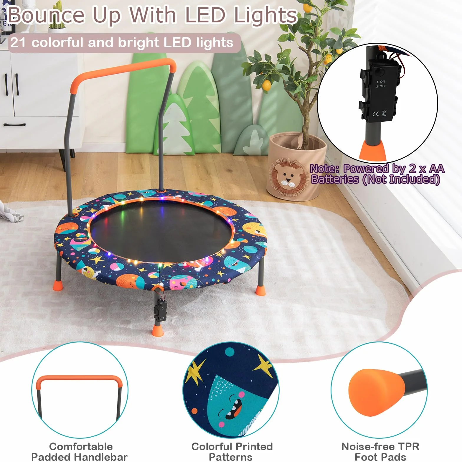 KOMFOTTEU Trampolina dziecięca, Ø 92 cm, mini trampolina ze światłami LED, trampolina ogrodowa z uchwytem i matą bezpieczeństwa, trampolina dla dzieci w wieku 3-6 lat