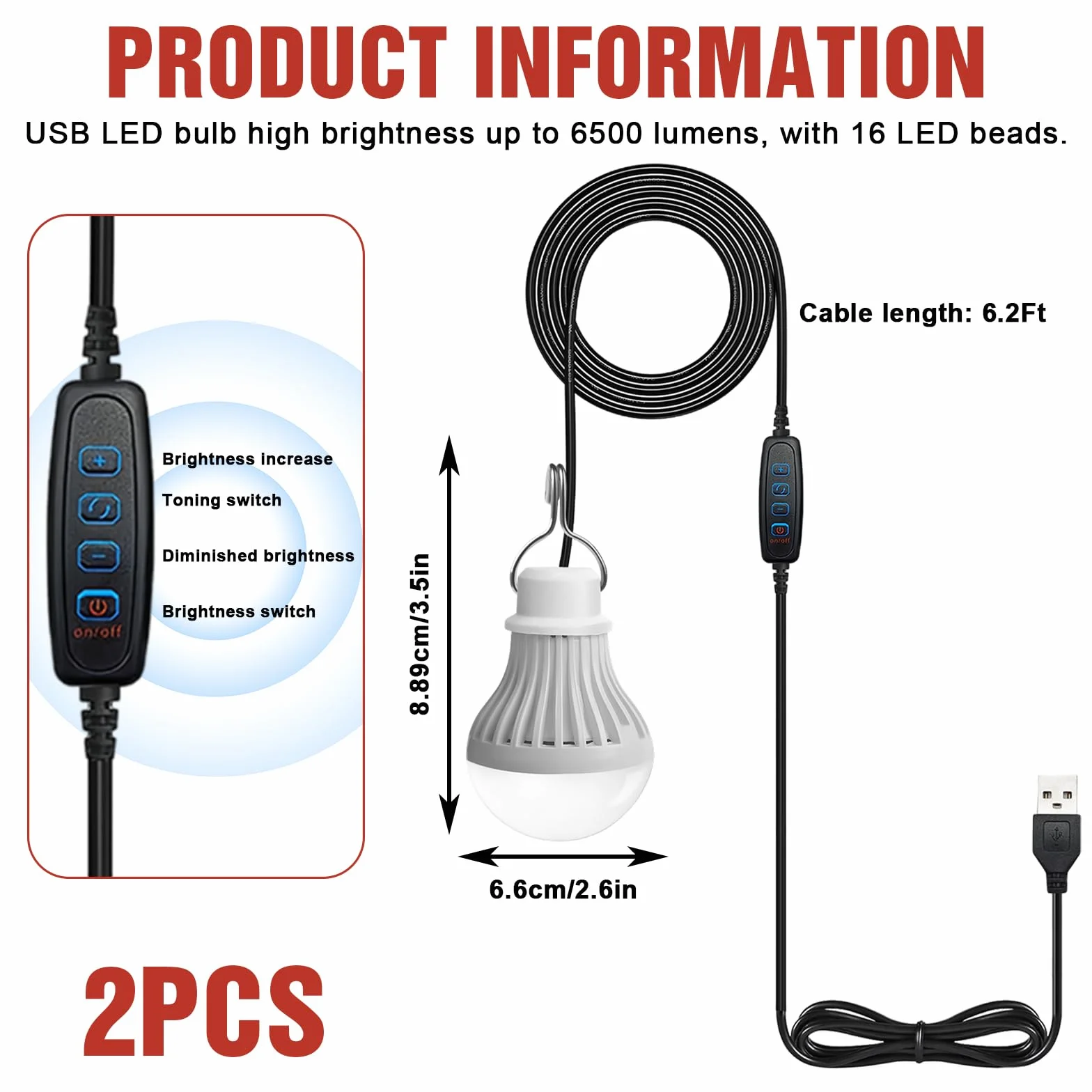 Lampa kempingowa LED, 2 sztuki, 7 W, możliwość ponownego ładowania, lampa namiotowa, możliwość ściemniania, 3 tryby świecenia, 2700-5000 K, światło awaryjne z haczykiem, zasilanie bateryjne, przenośna