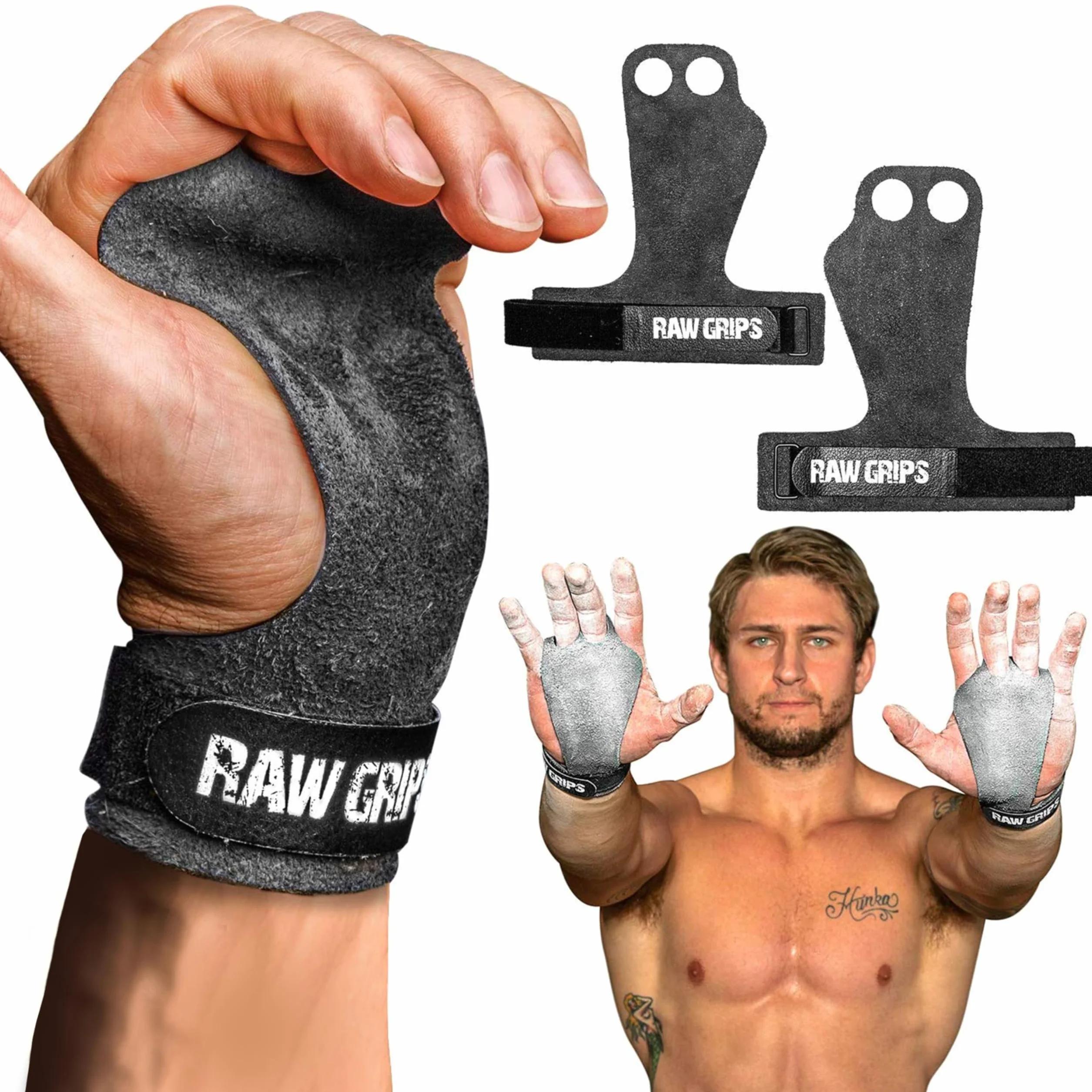 JerkFit RAW Grips 2-palcowe skórzane uchwyty do gimnastyki i treningu crossowego - pełna ochrona dłoni, 4 WOD, podnoszenie ciężarów, kalisteniki, podciąganie - zapobiegają rozdarciom i pęcherzom