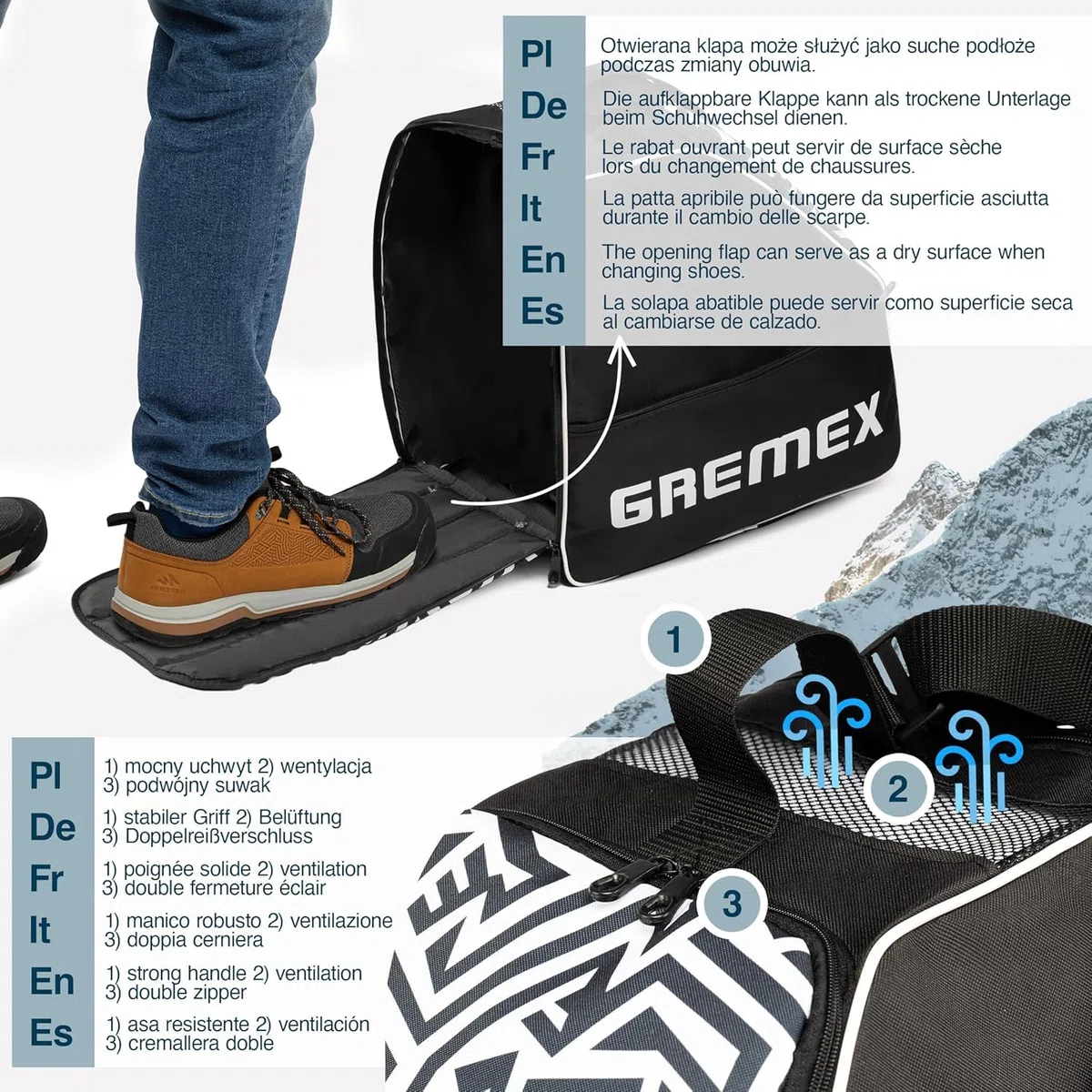 Torba na buty narciarskie z przegrodą na kask - Niezawodny i Wodoodporny plecak na buty narciarskie - Wytrzymały dzięki tytanowym szwom - Wygodny do transportu, podróży i ochrony sprzętu