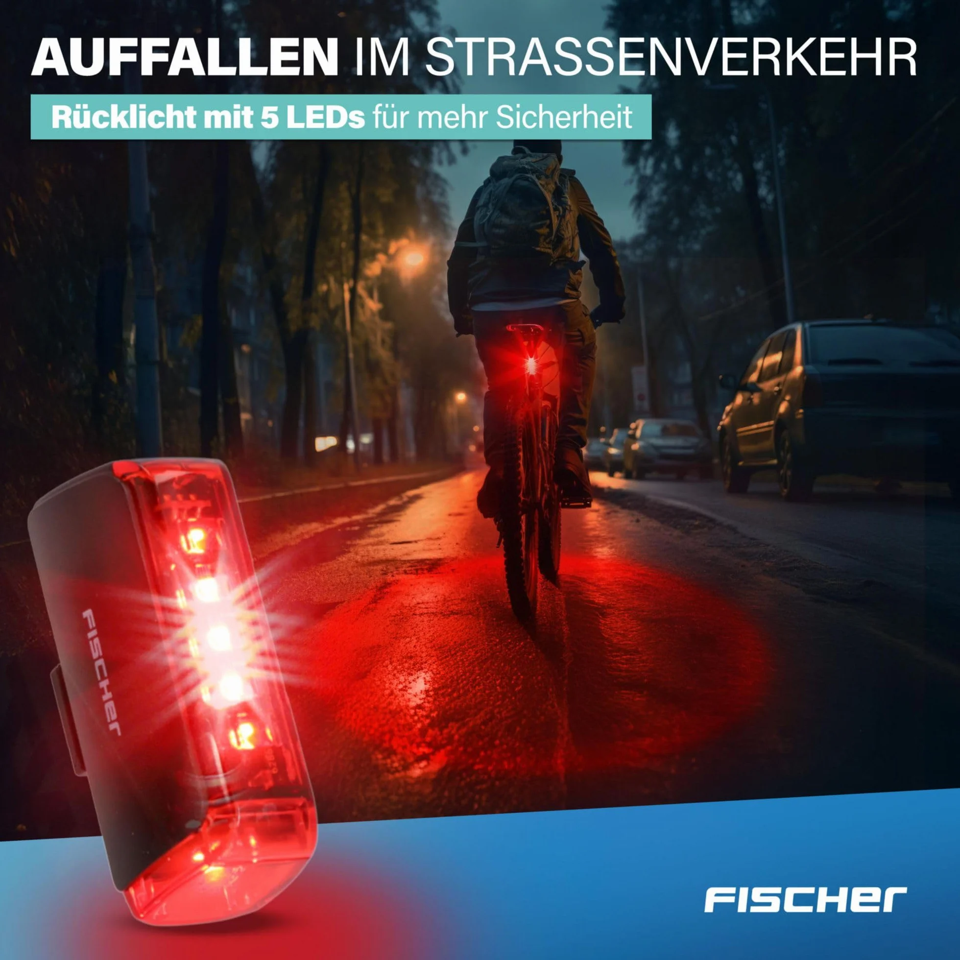 Fischer Twin zestaw świateł rowerowych, oświetlenie podłogowe 360°, lampa rowerowa LED 80 luksów, akumulator ładowany przez USB C, montaż bez użycia narzędzi z przodu i z tyłu