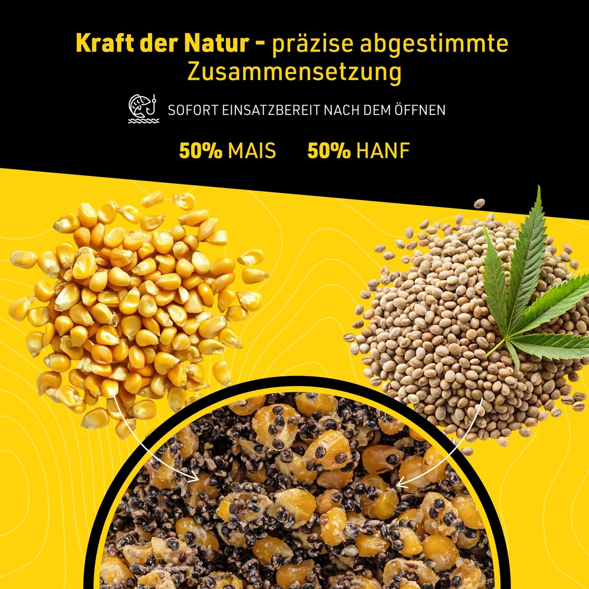 Zanęta wędkarska - kukurydza - konopie - mieszanka cząstek zanętowych 1 kg - gotowana zanęta na karpie i amury - ziarna gotowe do użycia - zapakowano próżniowo