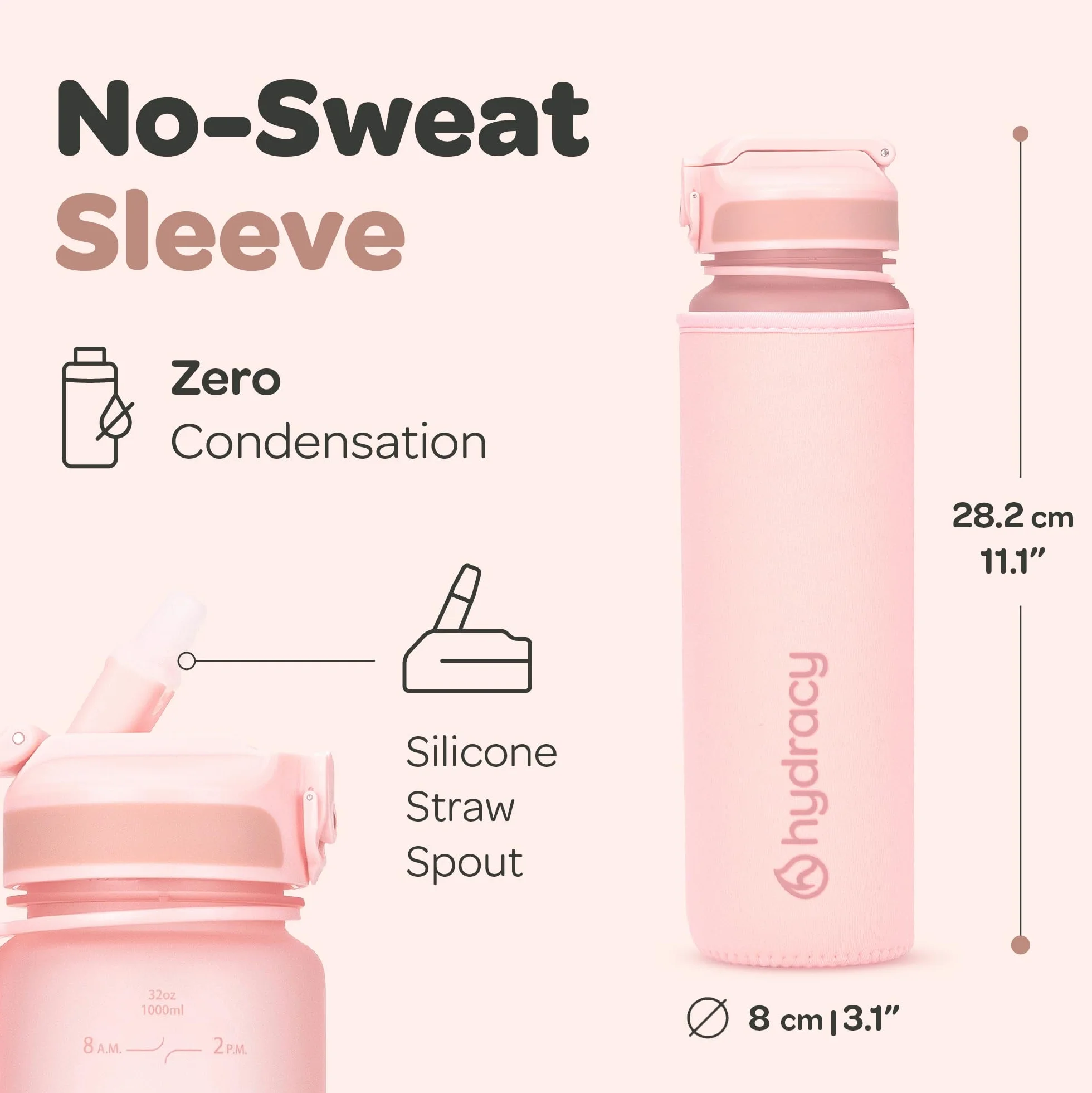 Hydracy Butelka na wodę z podziałką czasową i słomką, duża o pojemności 1 l, bez BPA, motywacyjna, z rękawem zapobiegającym kondensacji, szczelna, na siłownię, do sportu, fitnessu i na zewnątrz