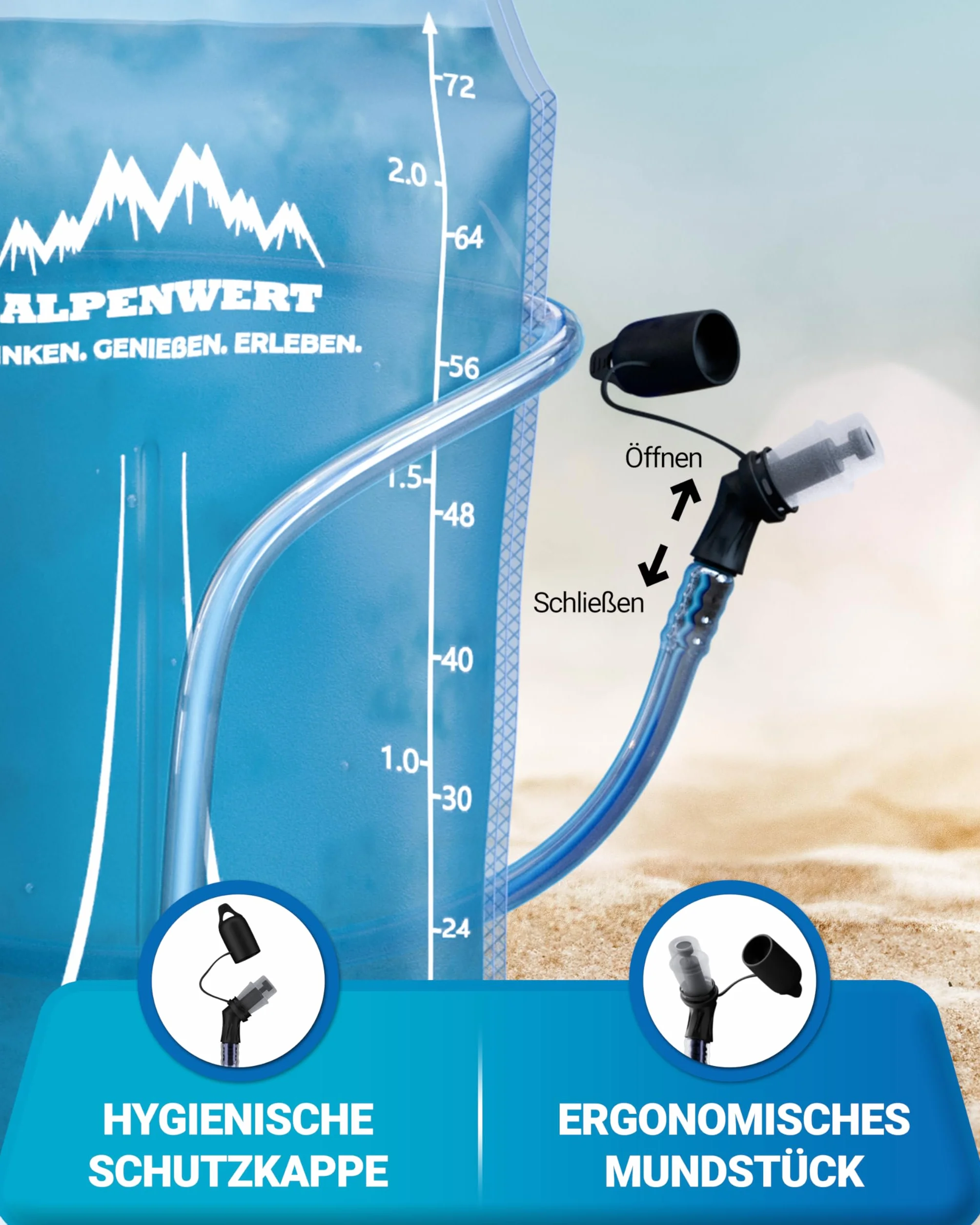 Alpenwert Bukłak do picia z wężem do picia [bukłak na wodę 1 l / 2 l / 3 l nie zawiera BPA] ultralekki system do picia do plecaka, idealny do aktywności na świeżym powietrzu, biegania, biegania w